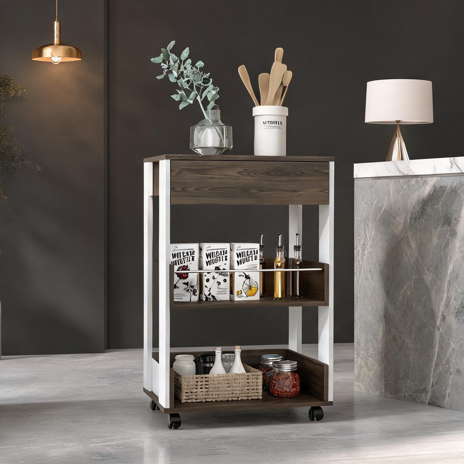 FlowLuxe Rolling Kitchen Cart with Three Shelves White and Dark Walnut Compact 15.6-Inch Depth