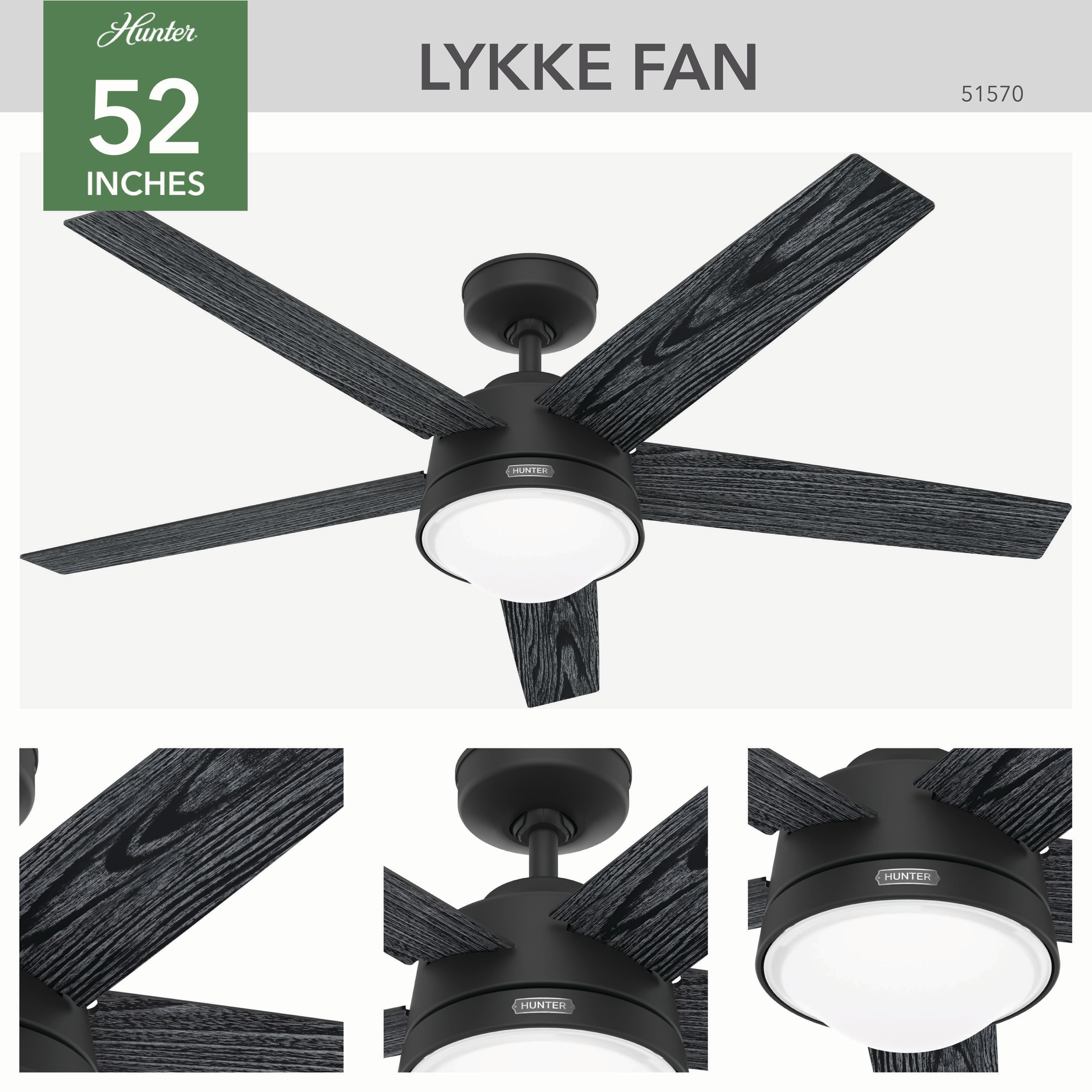 Hunter 51570 Lykke 52 inch Matte Black Ceiling Fan
