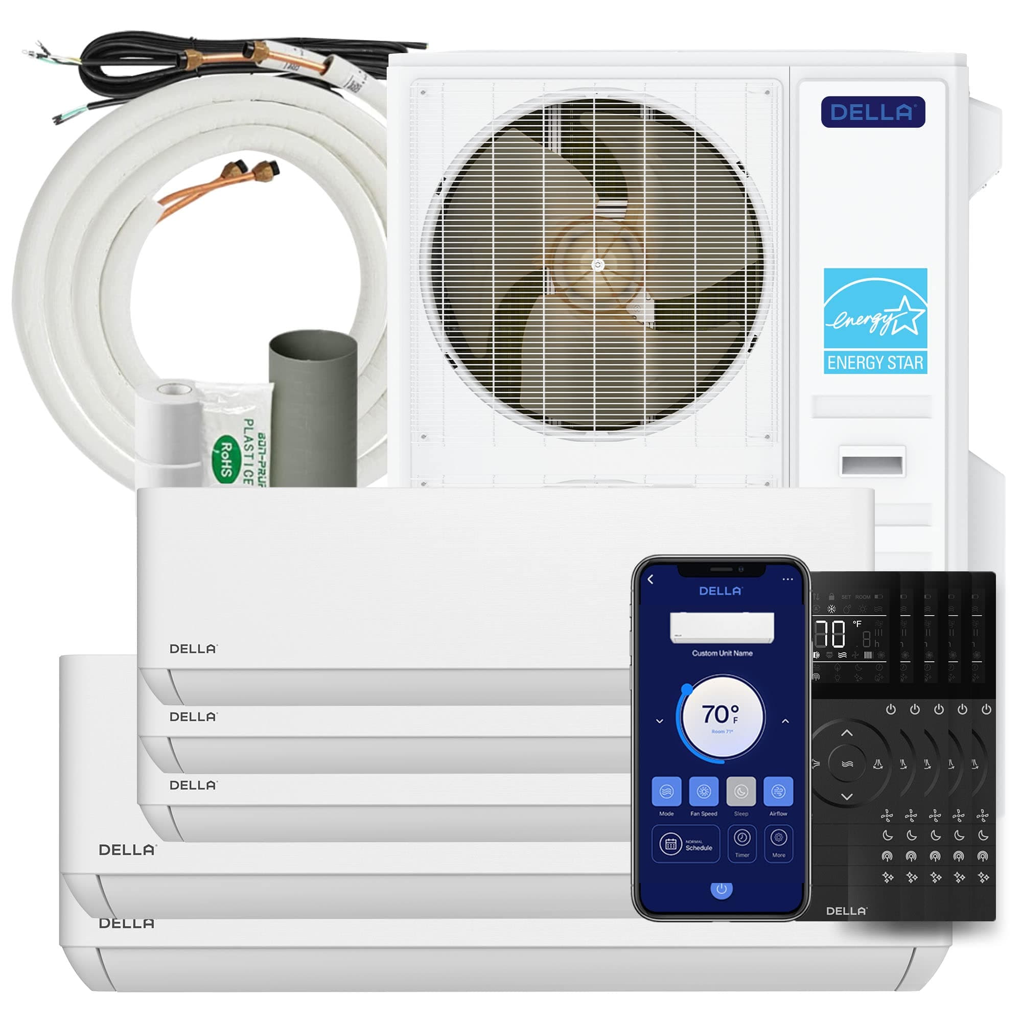 DELLA  48K BTU 5-Zone 9K-9K-9K-12K-12K Soft Airflow Mini Split AC with Heat Pump Fits Up to 2300 Square Feet