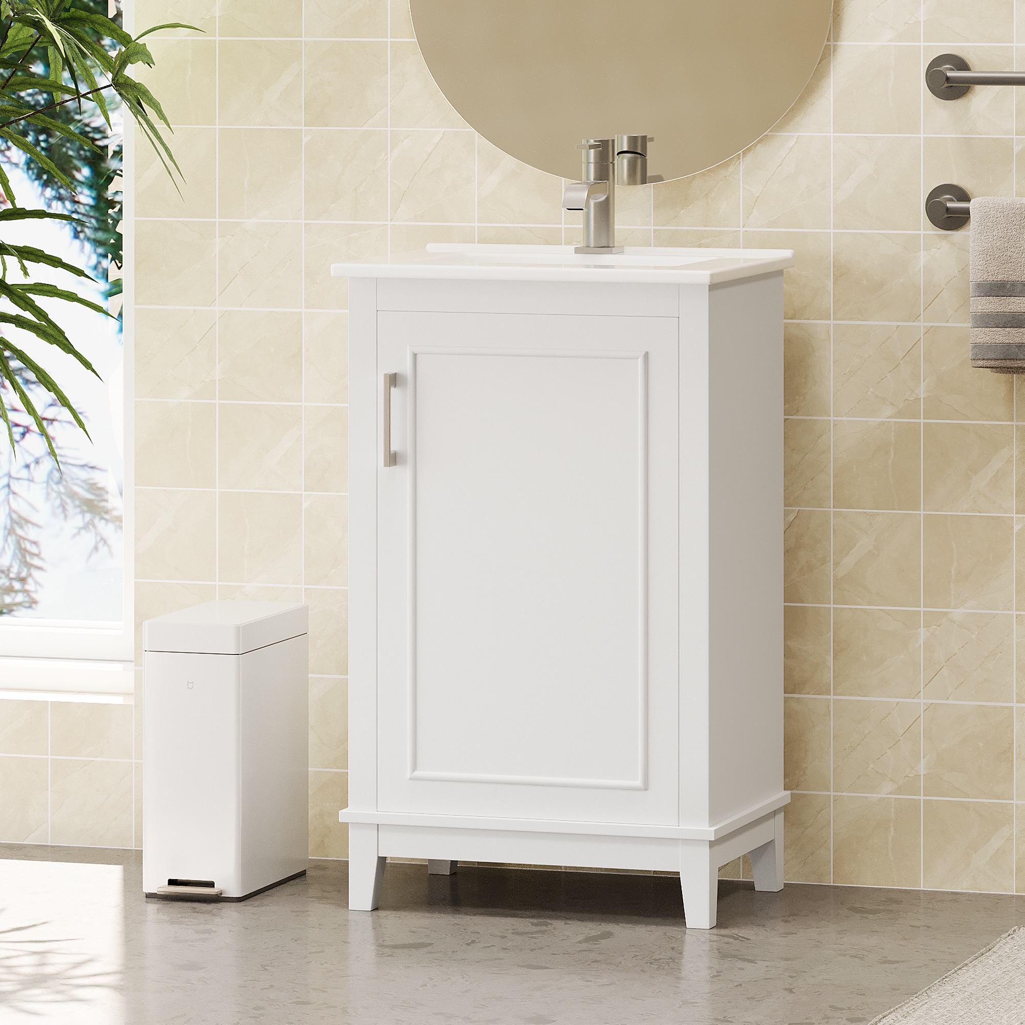 BEARSOLIM 20 Inch Modern Small Bathroom Vanity Cabinet With Ceramic Basin 20 x 14.5 x 33.3 Inches Ample Storage 1 Soft-Close Door