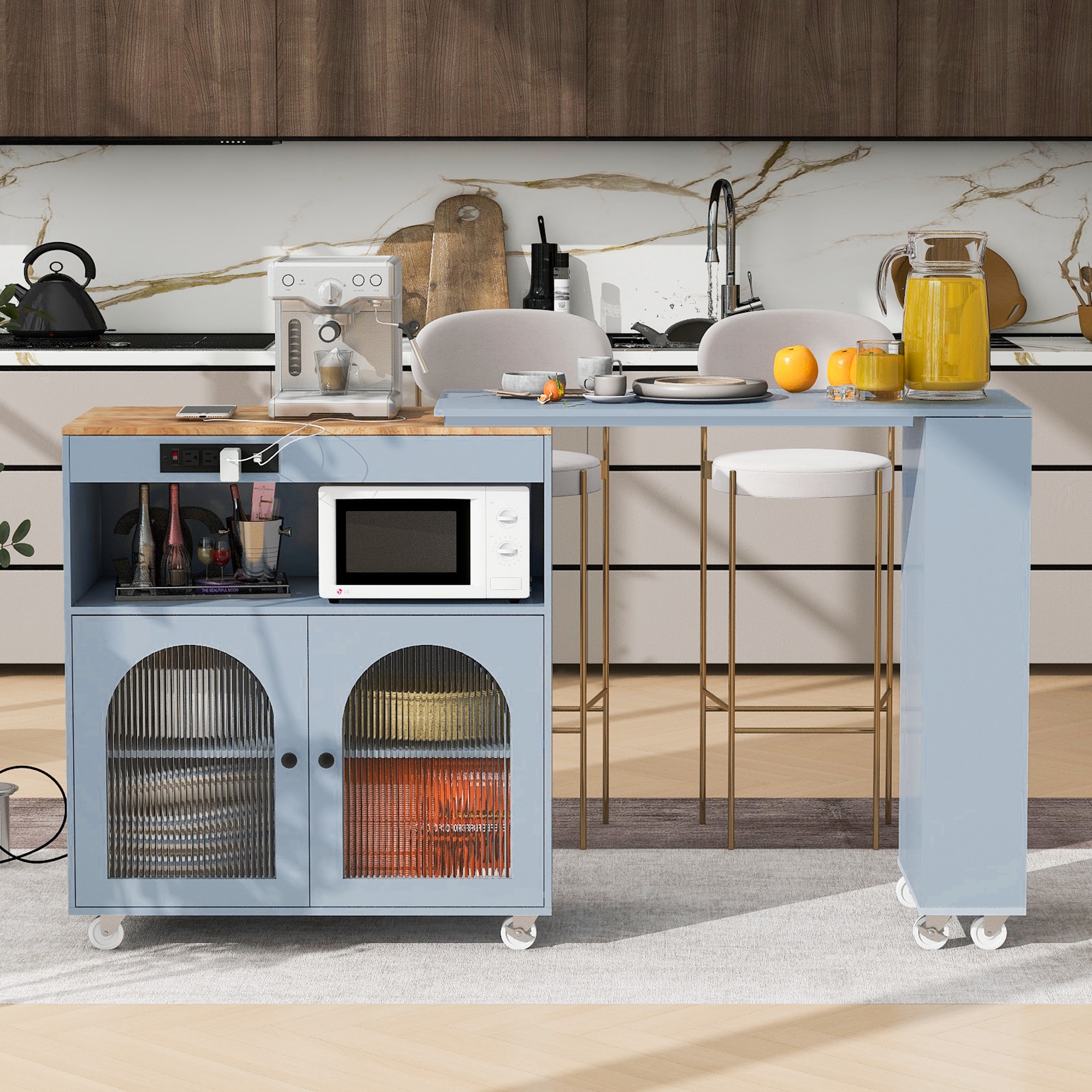 ModernLuxe WF316018AAG Rolling Kitchen Island With Extended Table Kitchen Island on Wheels with LED LightsPower Outlets and 2 Fluted Glass Doors Kitchen Island with a Storage Compartment and Side 3 Open Shelves Grey