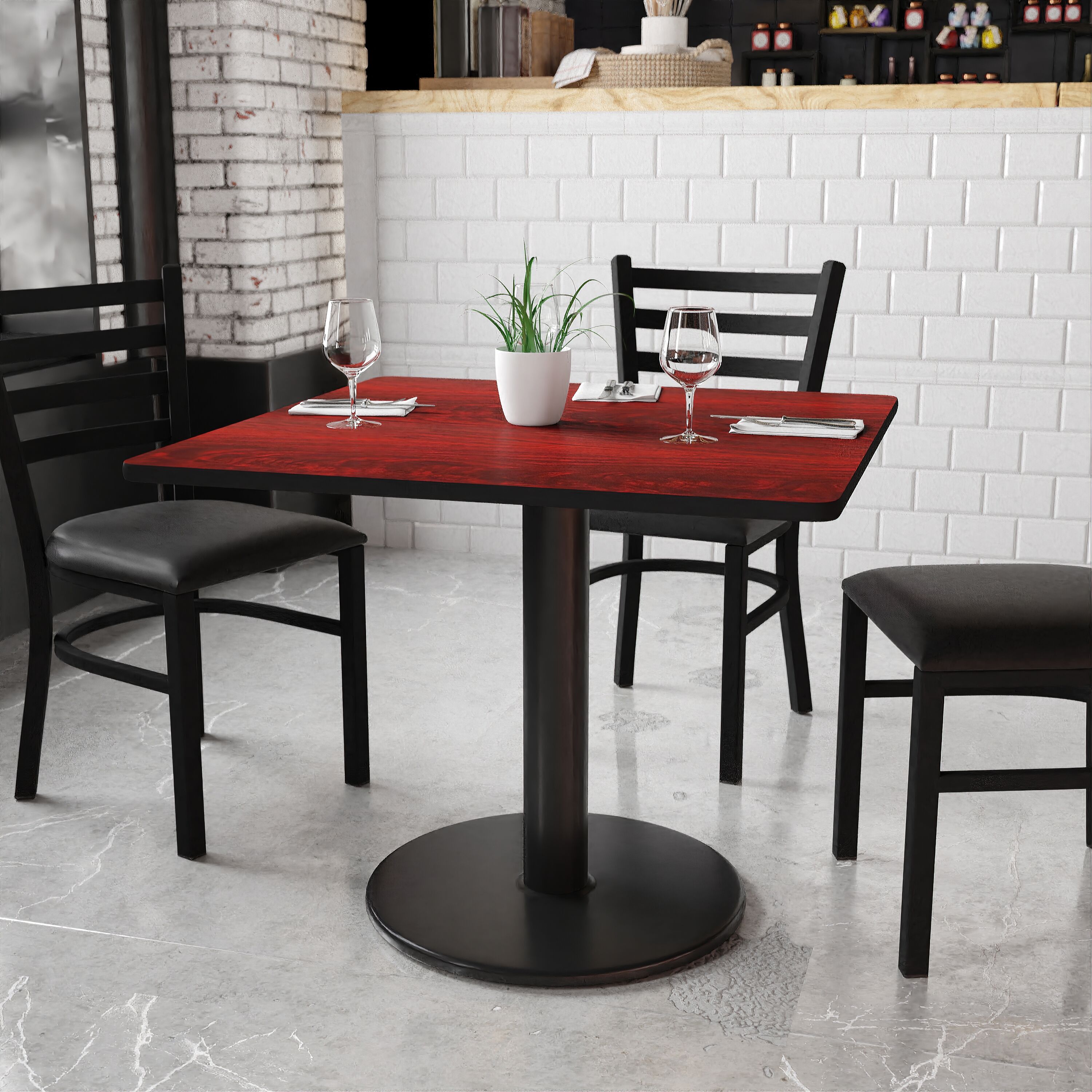 Flash Furniture 889142006695 Mahogany Contemporary/Modern Dining Table, Wood veneer with Black Metal Pedestal Base 36-Inches L x 31.13-Inches H