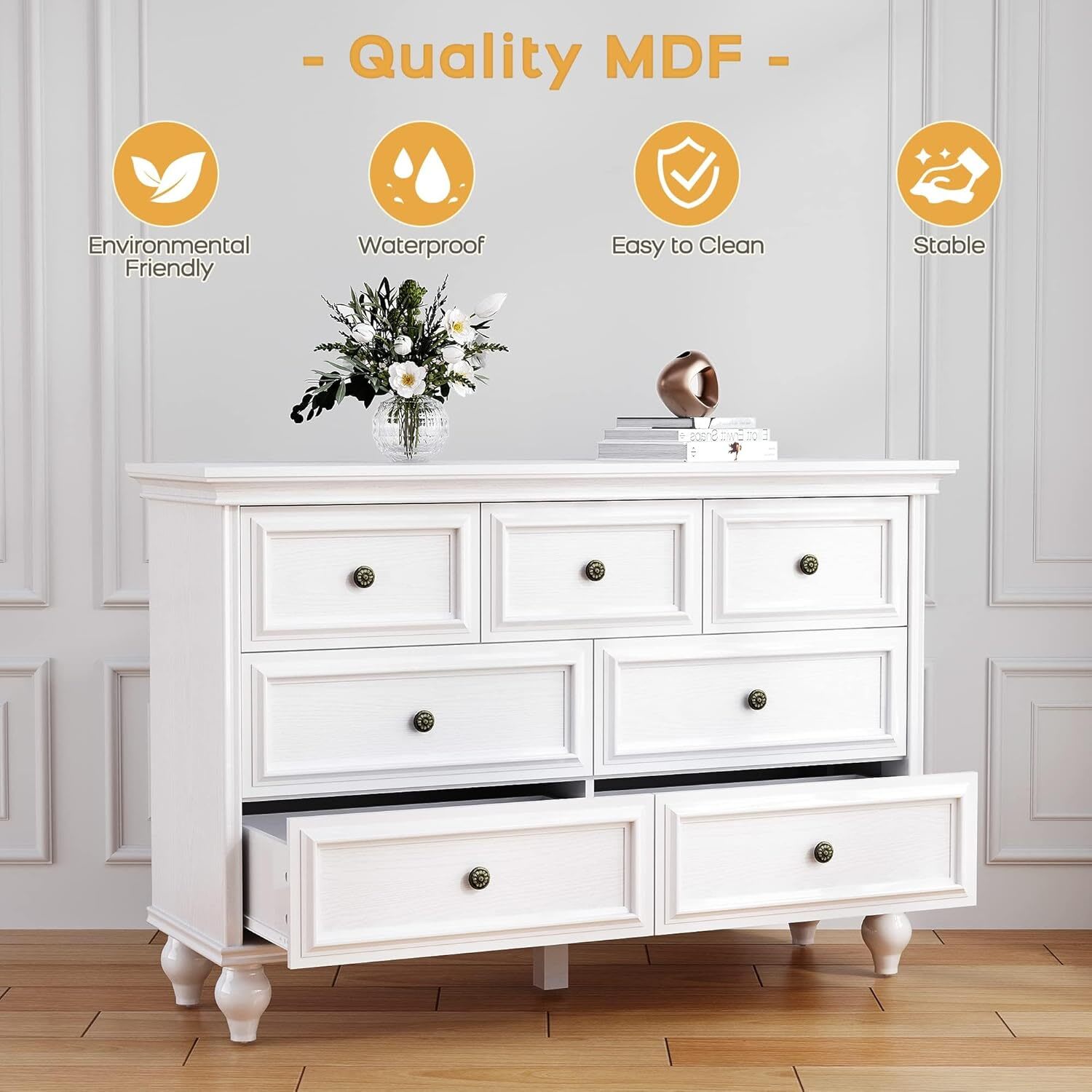 Qeetex NB-PHO0X9DDOKM French Vintage Dresser with 7 Drawers Wood Chest for Bedroom Living Room Hallway Nursery and Closet in White Classic Timeless Design