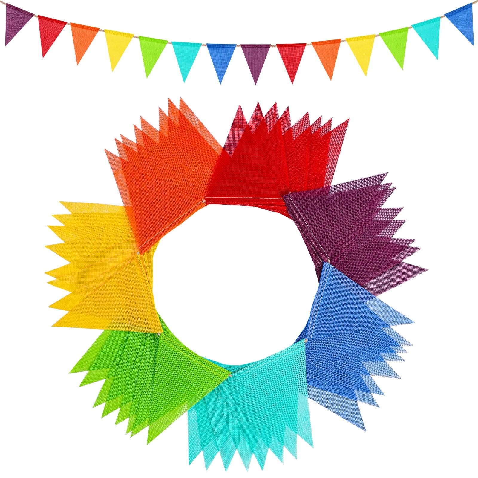 Afoxsos  112 Piece 72 Foot Rainbow Pennant Banner Set Polyester Linen Look Water Resistant 5.1 x 6.7 Inch Flags for Outdoor Party Decor