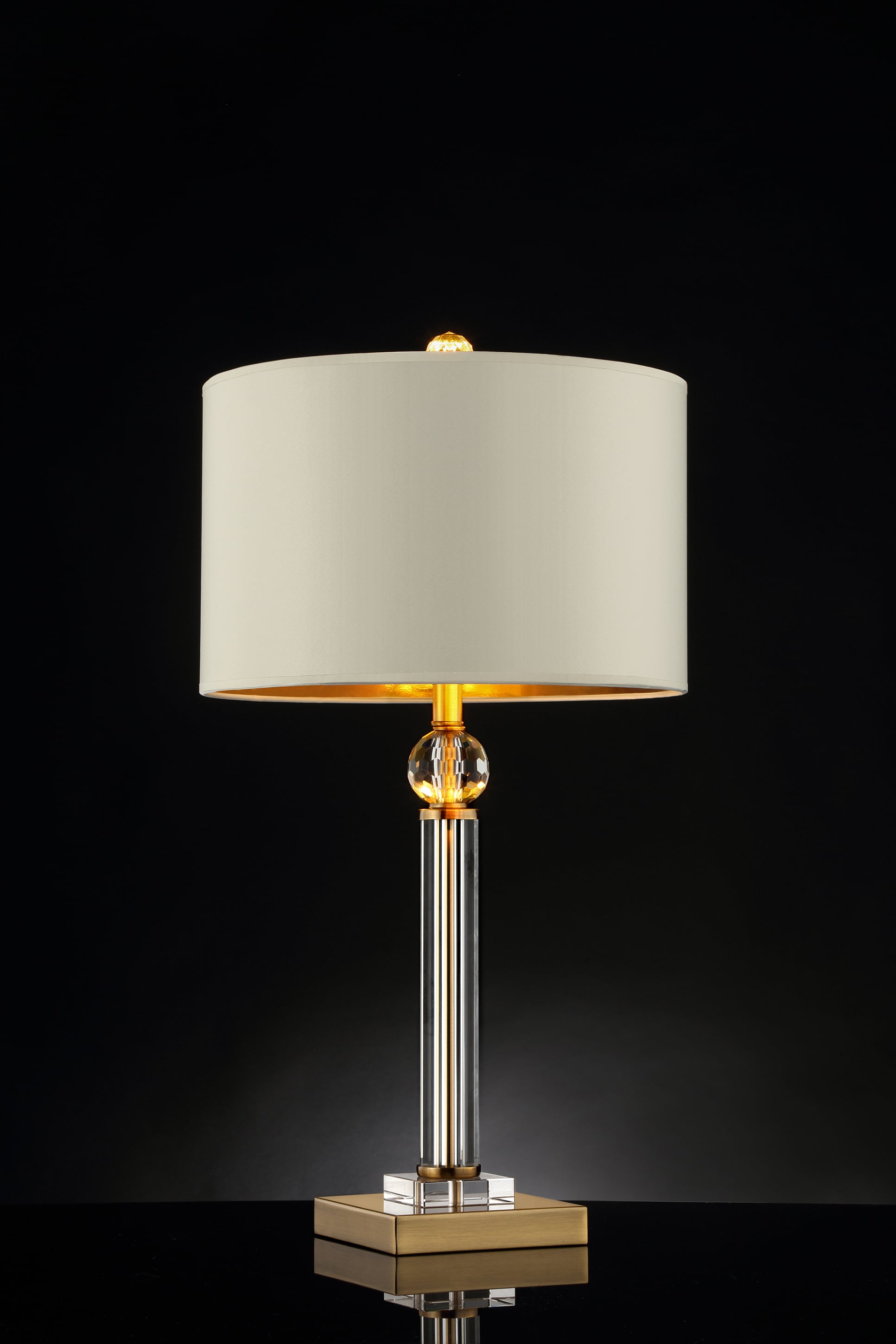 29.5" Gold and Crystal Column Table Lamp with White Linen Shade
