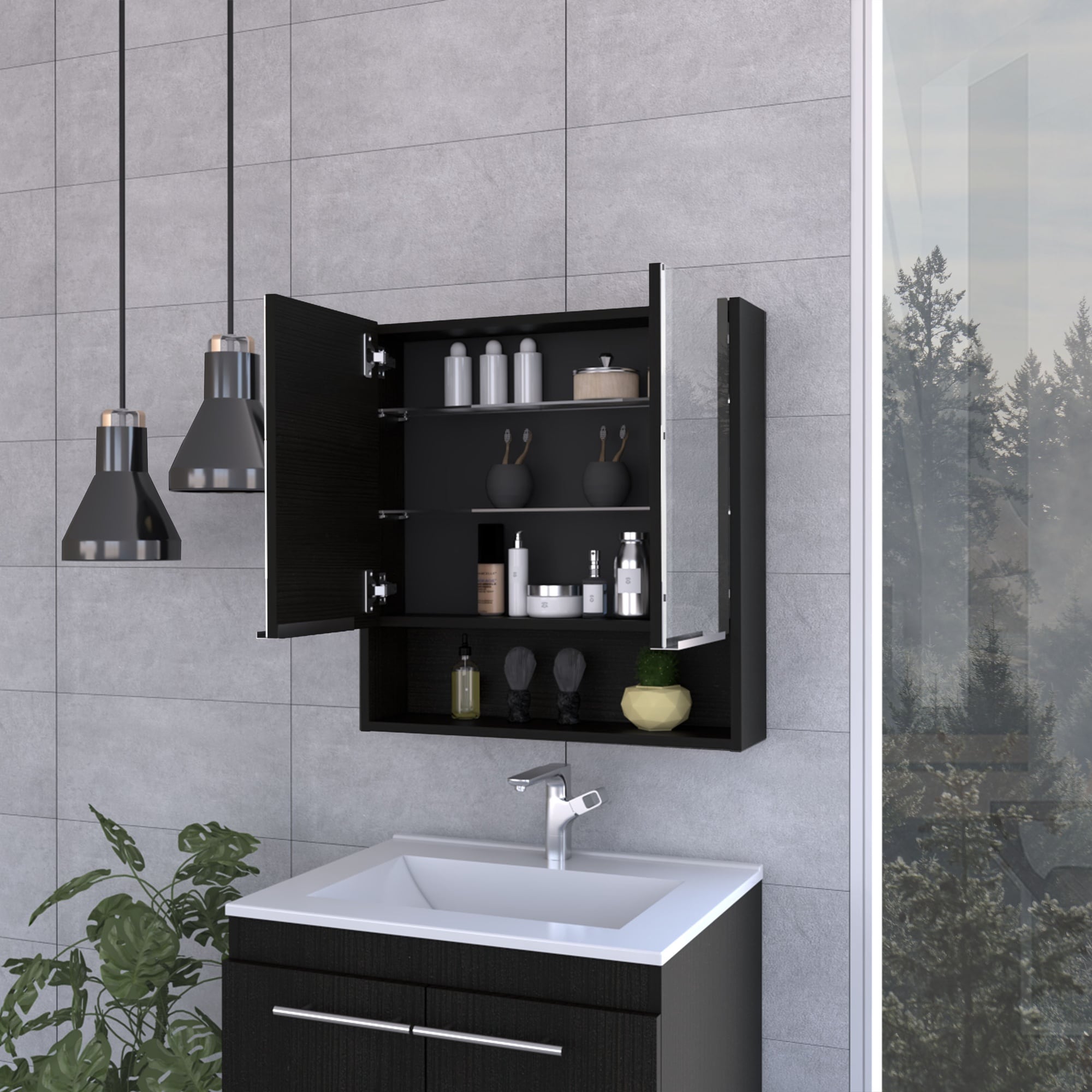HyperDrop Cart Black Wooden Medicine Cabinet Heavy-Duty Wall Mounted Storage Organizer With Mirror And 3 Internal Shelves For Bathroom Restroom