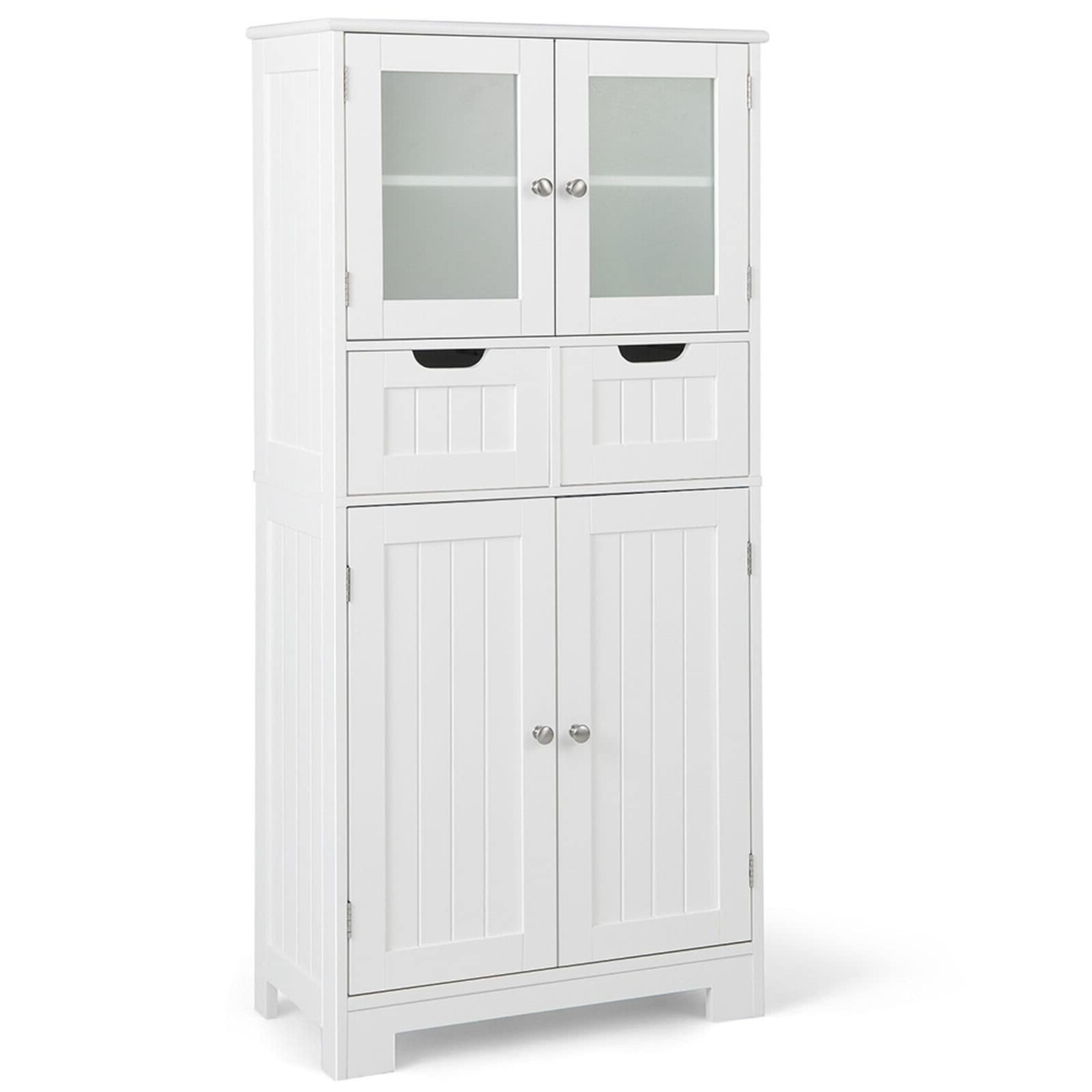 SUGIFT 3-Tier Freestanding Bathroom Cabinet with 2 Drawers and Tempered Glass Doors 23.5-in x 12-in x 50.5-in - White #ZMLW014SUGHY1431