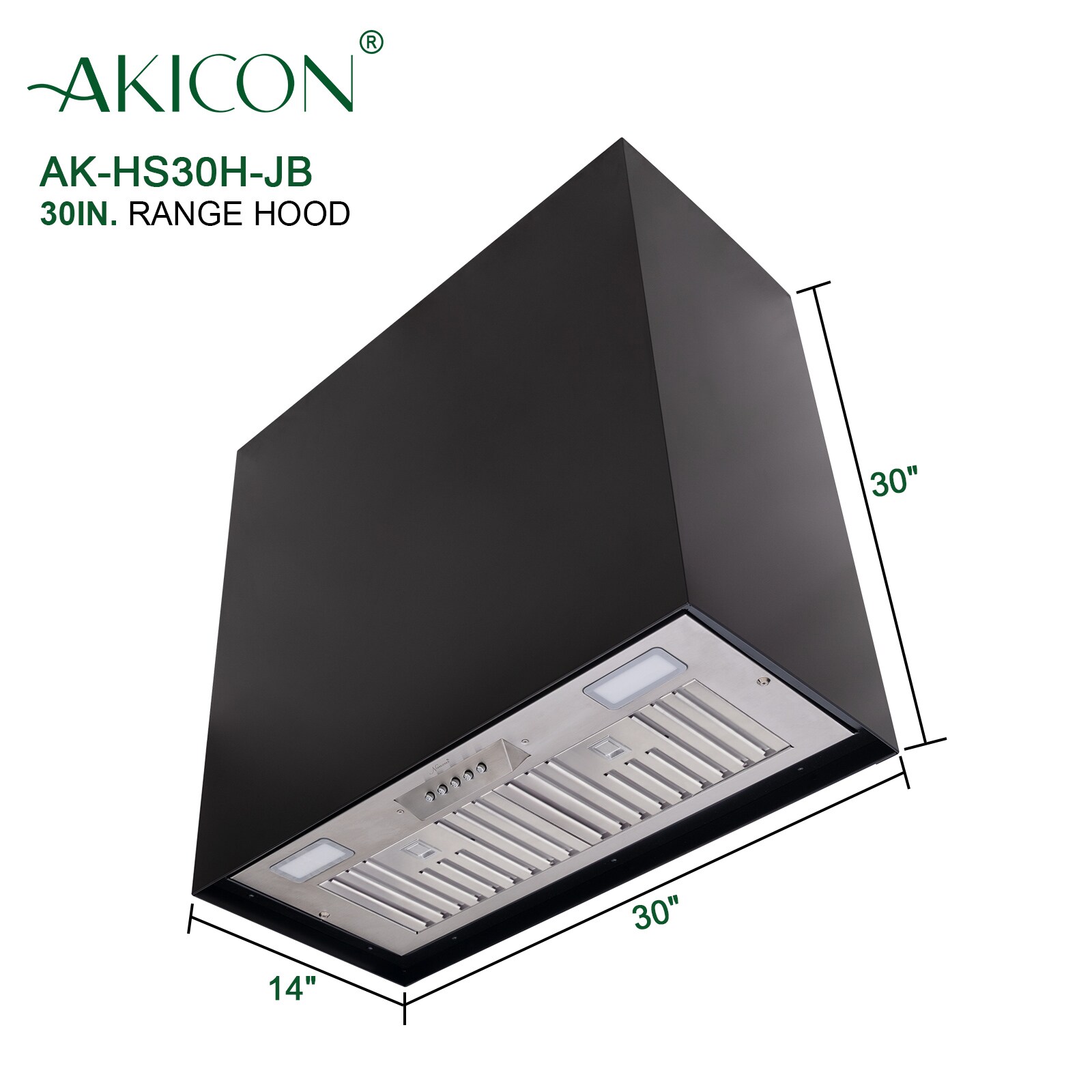 Jet Black Stainless Steel Wall Mounted Range Hood with Charcoal Filter