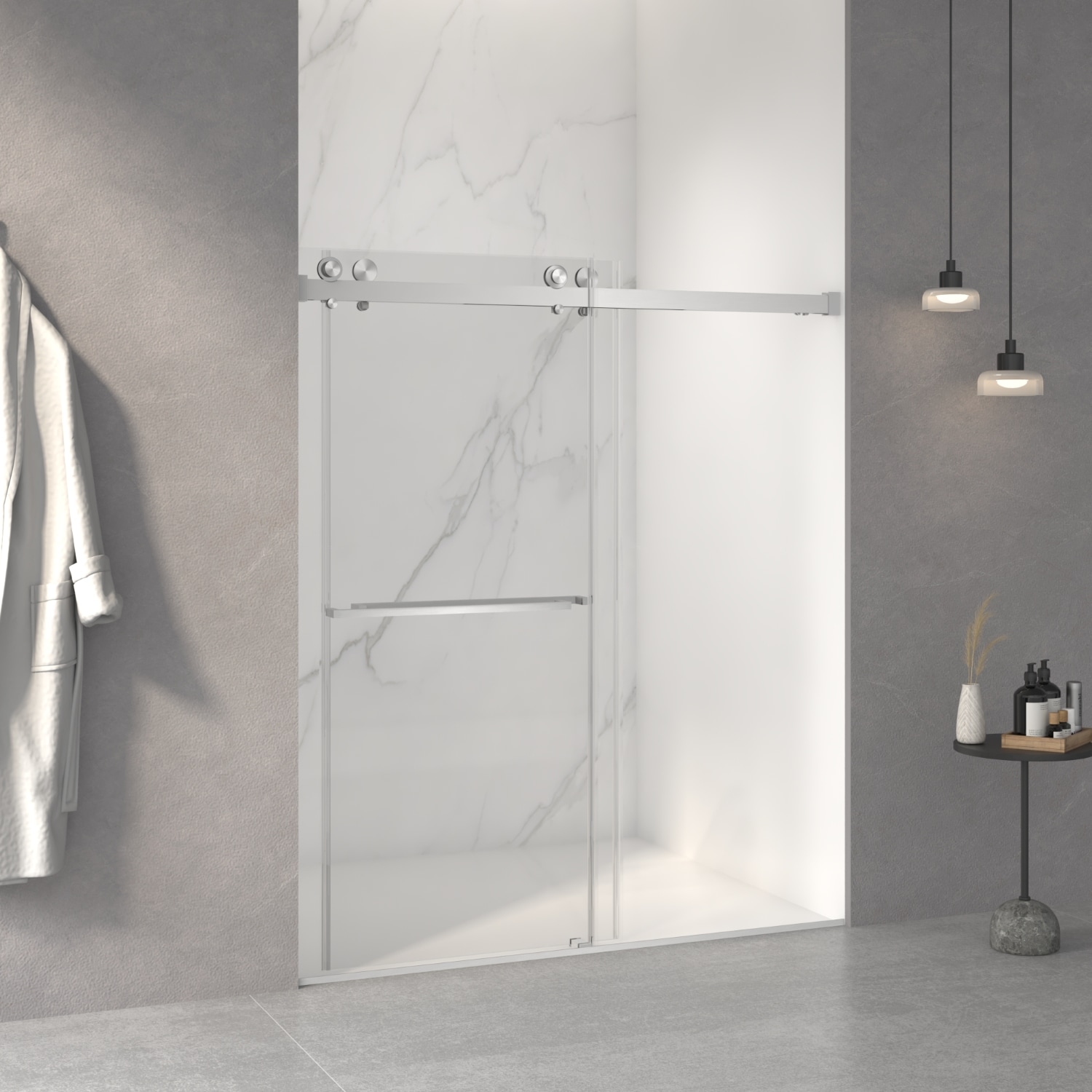 REIBII 56-60-inW x 70-inH Frameless Double Sliding Shower Door5/16-in (8mm) Thick Tempered Clear GlassDouble Side Easy Clean CoatBrushed Nickel Finished With Buffer #FXLS0605-601B31
