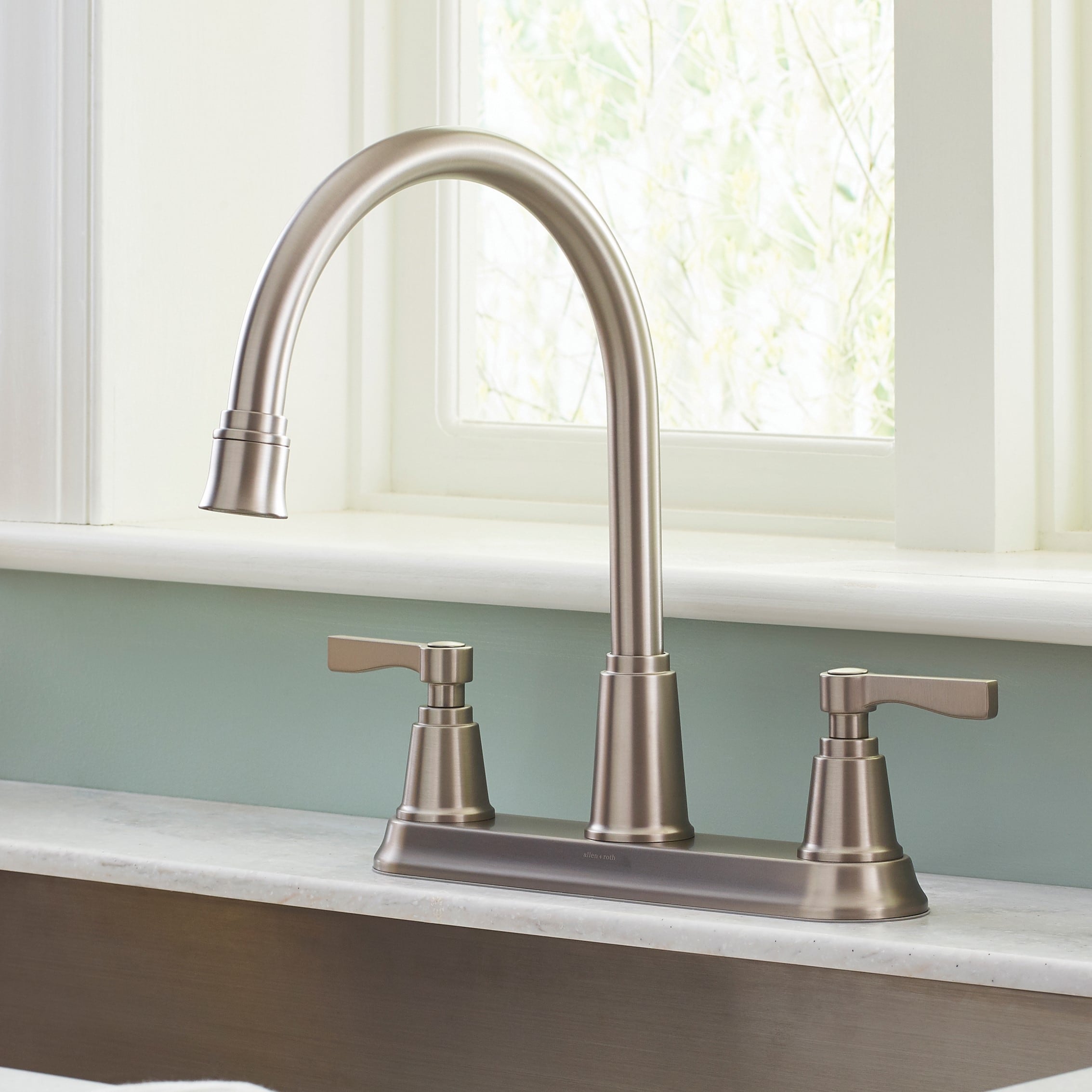 allen + roth 67722W-113402 Townley Spot Free Stainless Steel Double Handle Deck-mount Kitchen Faucet with Sprayer ( Deck Plate Included ) ( Side Sprayer Included )