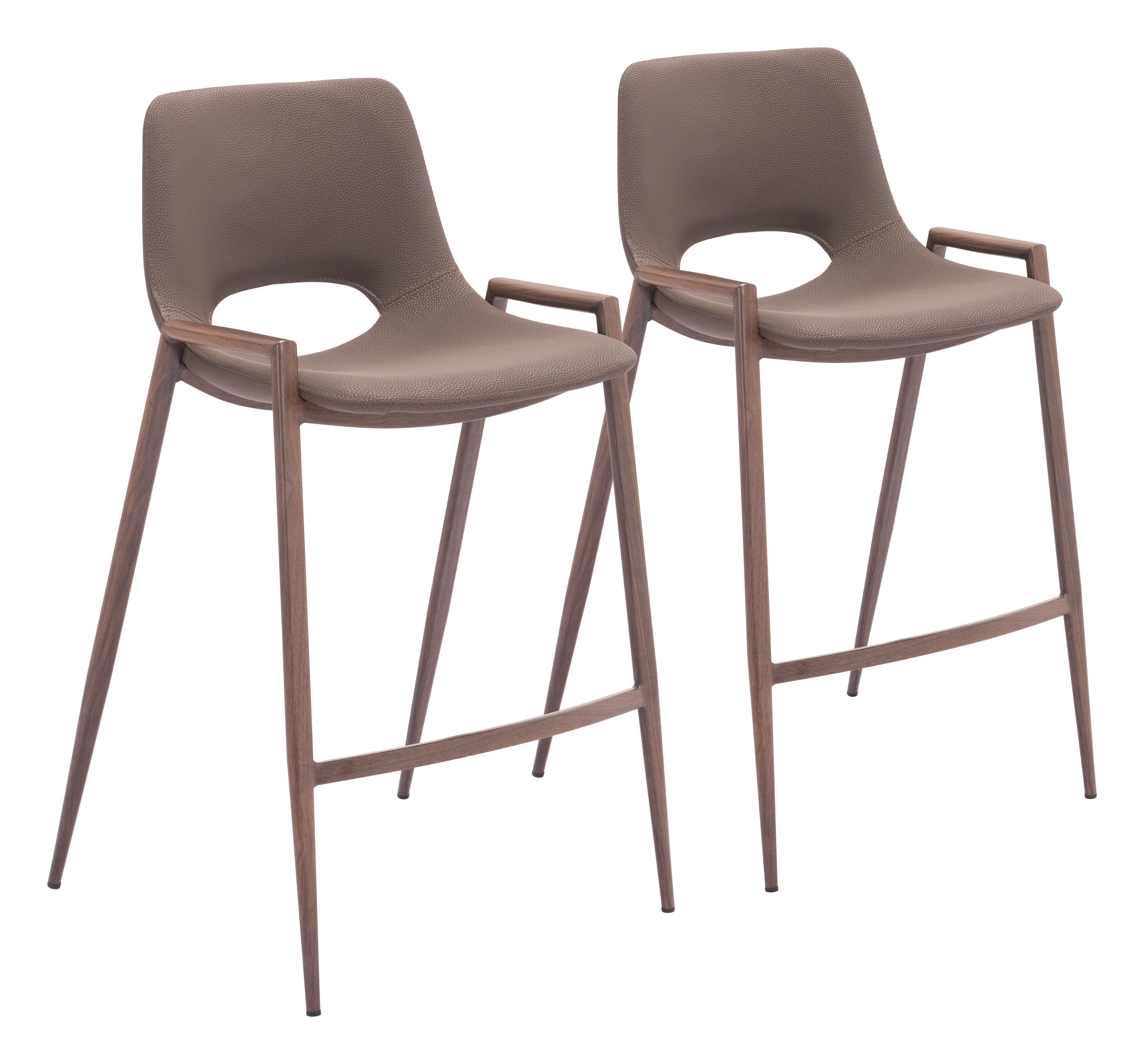ZUO 109732 Set of 2 Brown and Walnut 26-in H Counter height (24-in to 27-in) Bucket Seat Upholstered Wood Back Bar Stool with Arms and Back