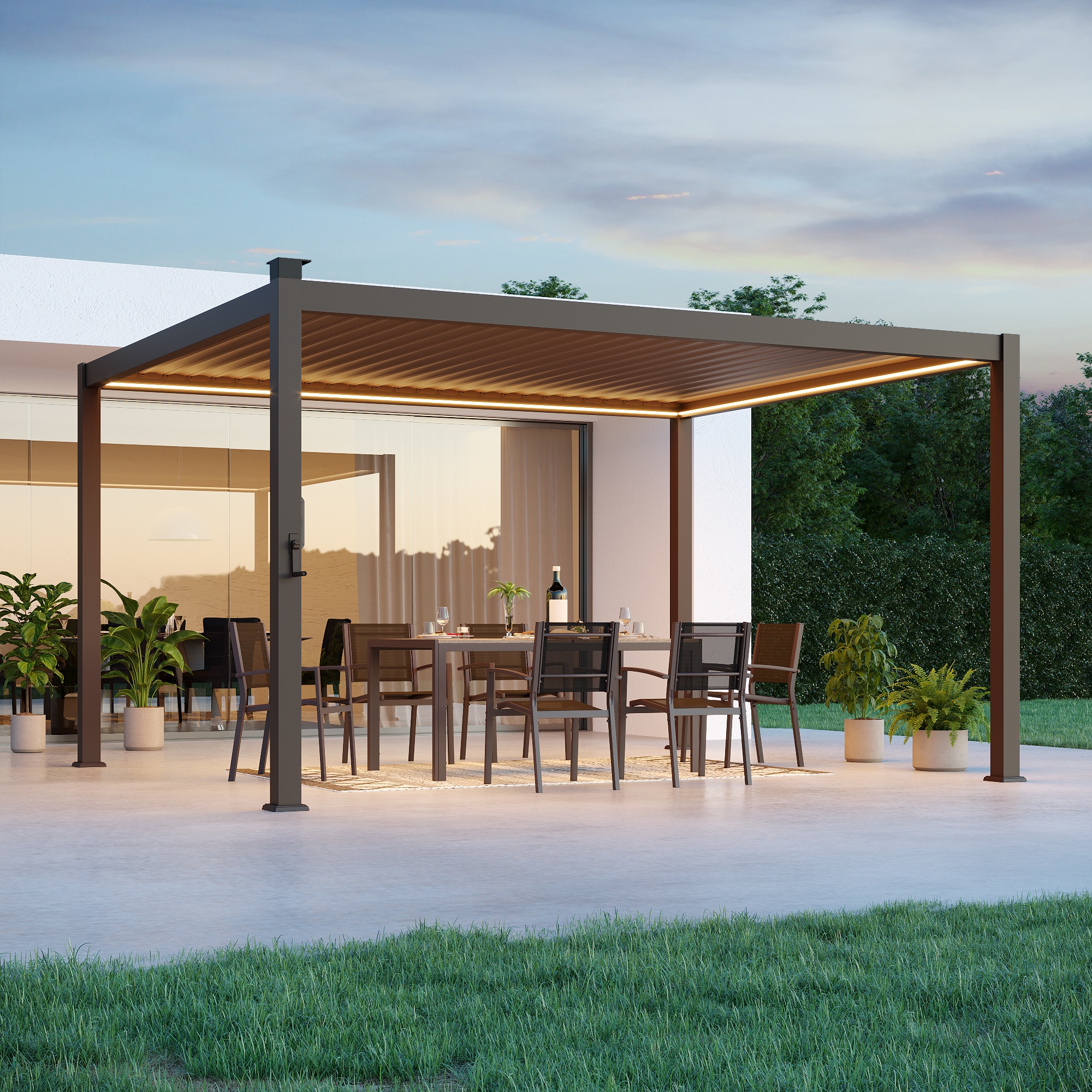 Sonkuki SD-GZ-LED3039WH Pergola Skytop 14-ft W x 12-ft L x 7-ft 10-3/4-in H Brown with LED Metal Freestanding Pergola