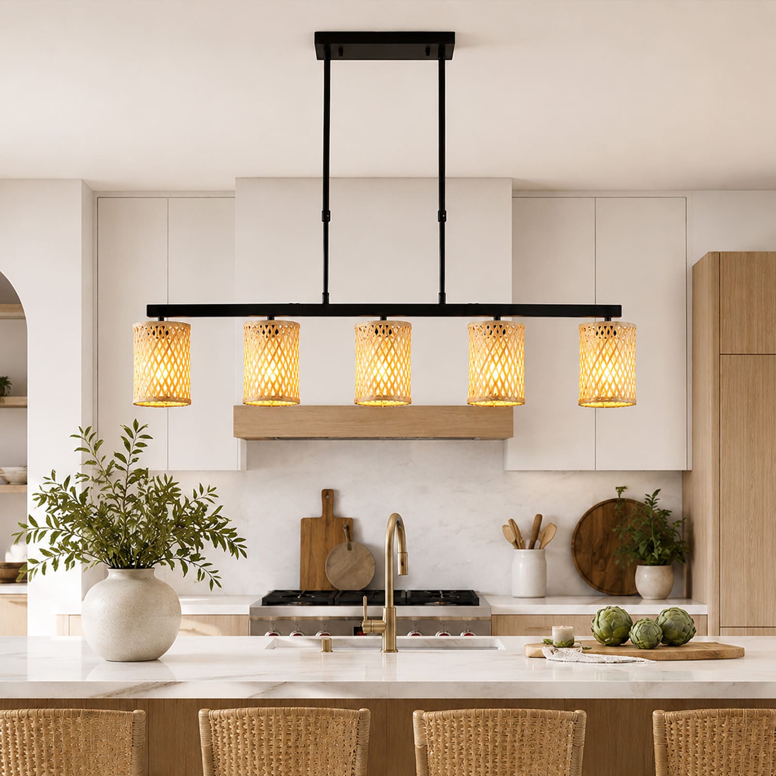 Siittoo 5 -Light Polished Black Farmhouse Linear Large Hanging Kitchen Island Light
