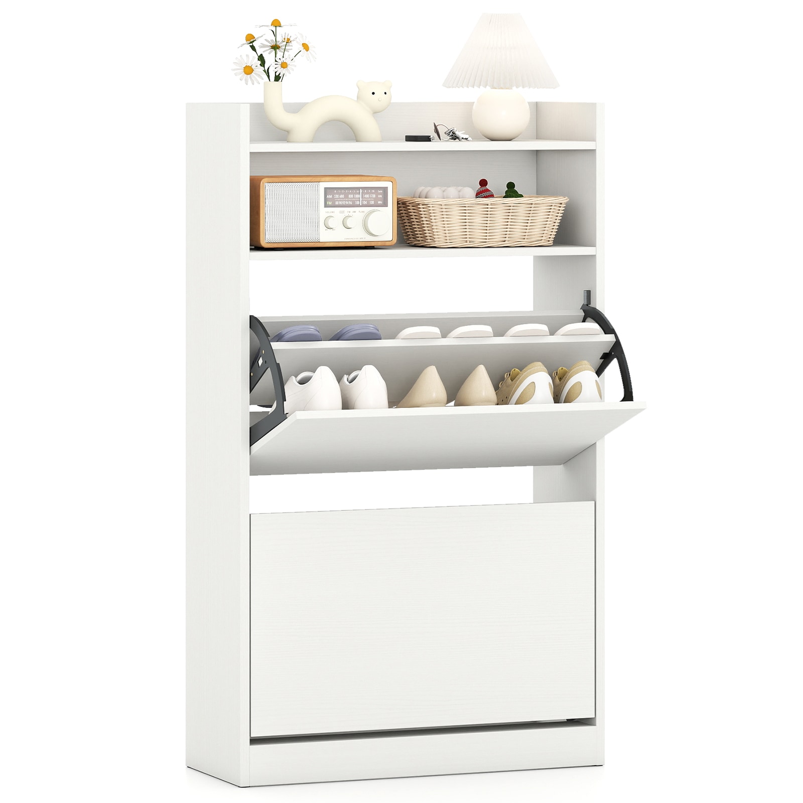 Volenca Slim Shoe Storage Cabinet with 2 Flip Drawers Adjustable Shelves and Open Compartment 9.5-in Deep