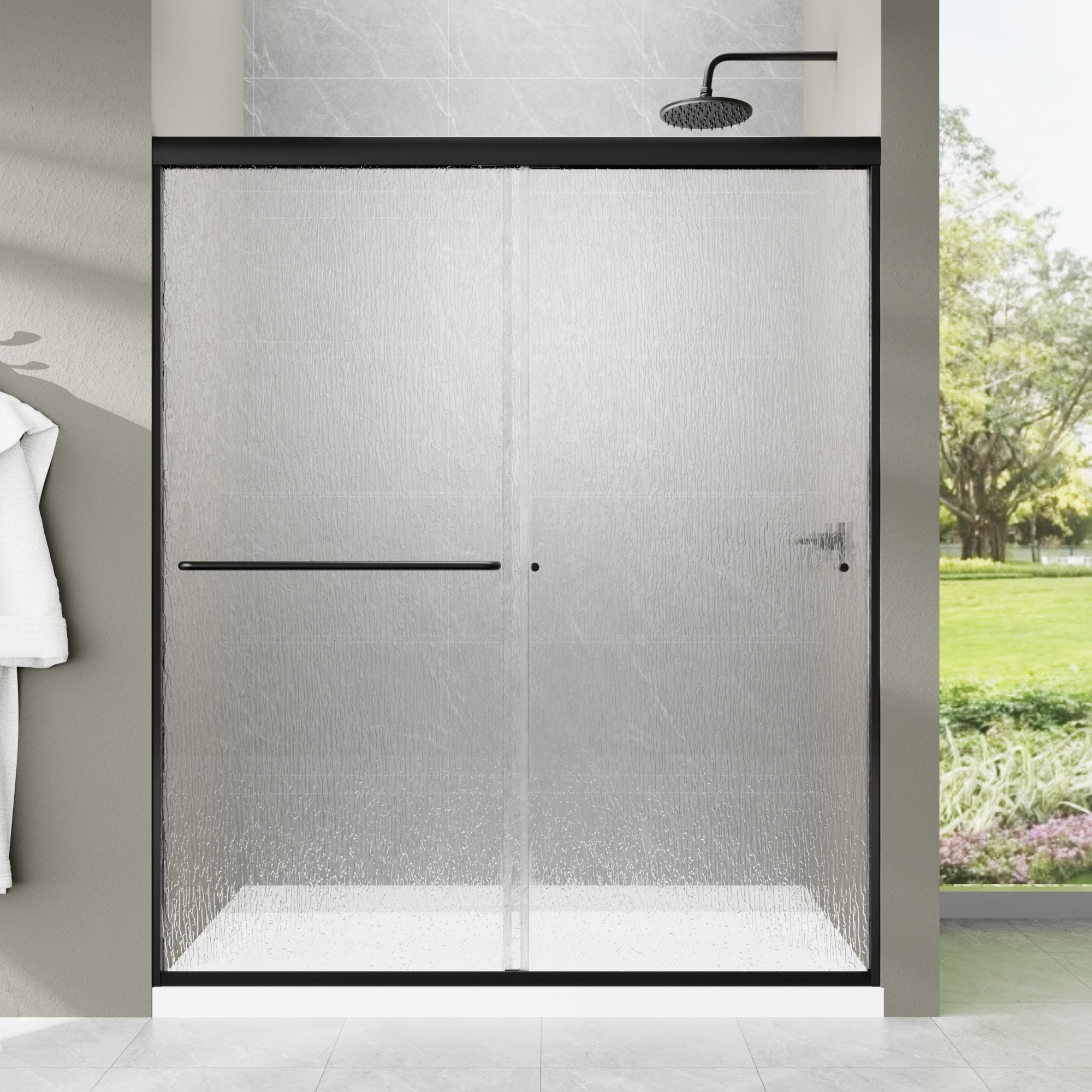 WELLFOR QSD-SS017CB Matte Black 56-in to 60-in W x 70-in H Framed Rain Glass Bypass Sliding Shower door
