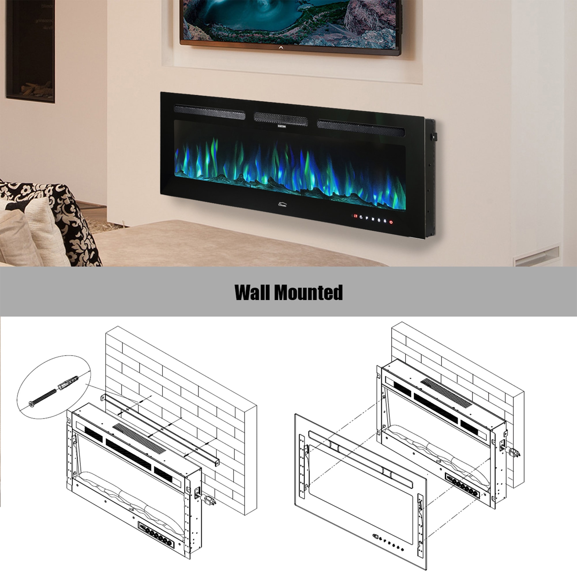 Clihome 50-in W Black LED Wall-mount Electric Fireplace with Remote ...