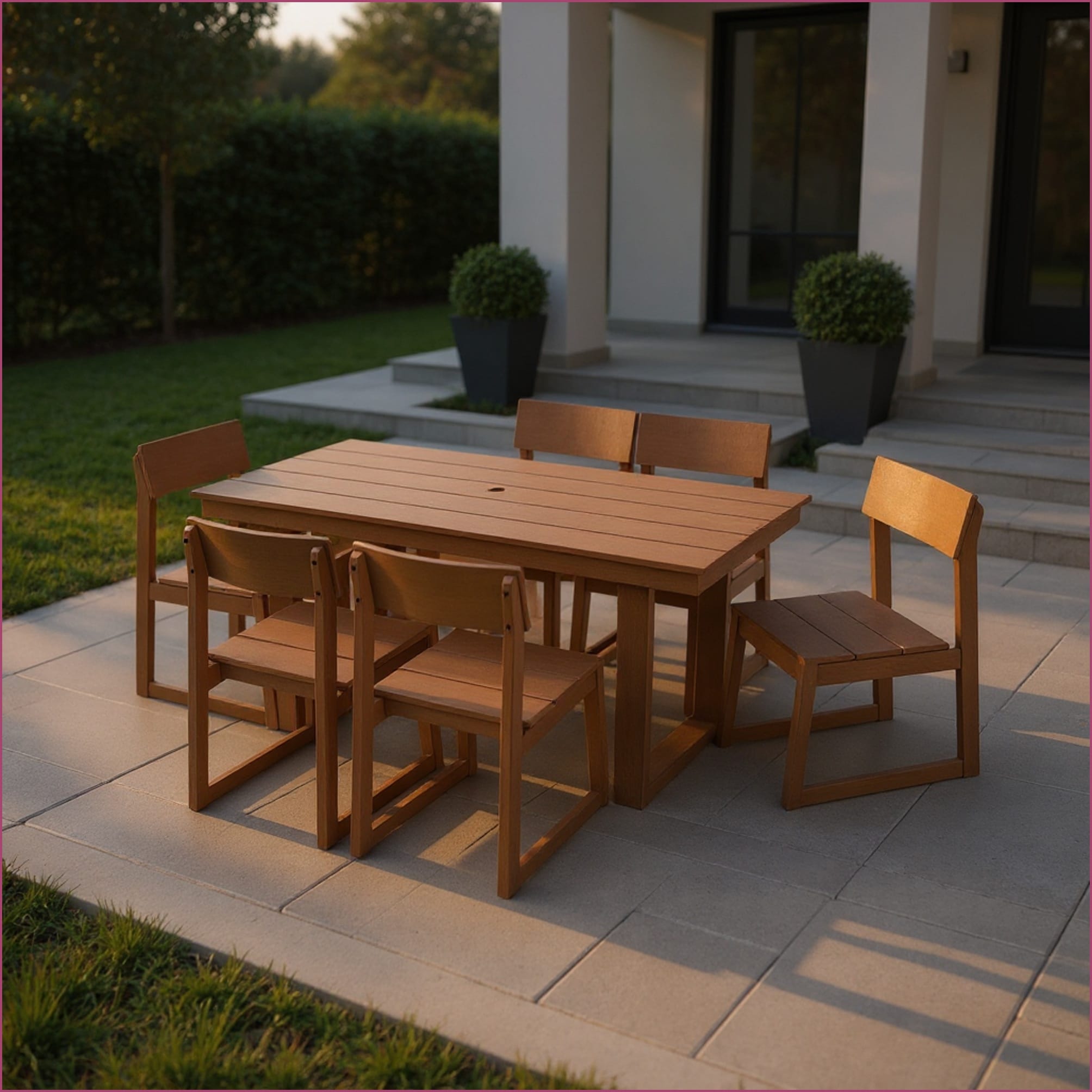 Watnature Patio Sets 7 Piece HDPE Outdoor Dining Set   Weather Resistant Table with Umbrella Hole  n  amp6 Chairs for Backyard Poolside  Walnut Brown  HDPE