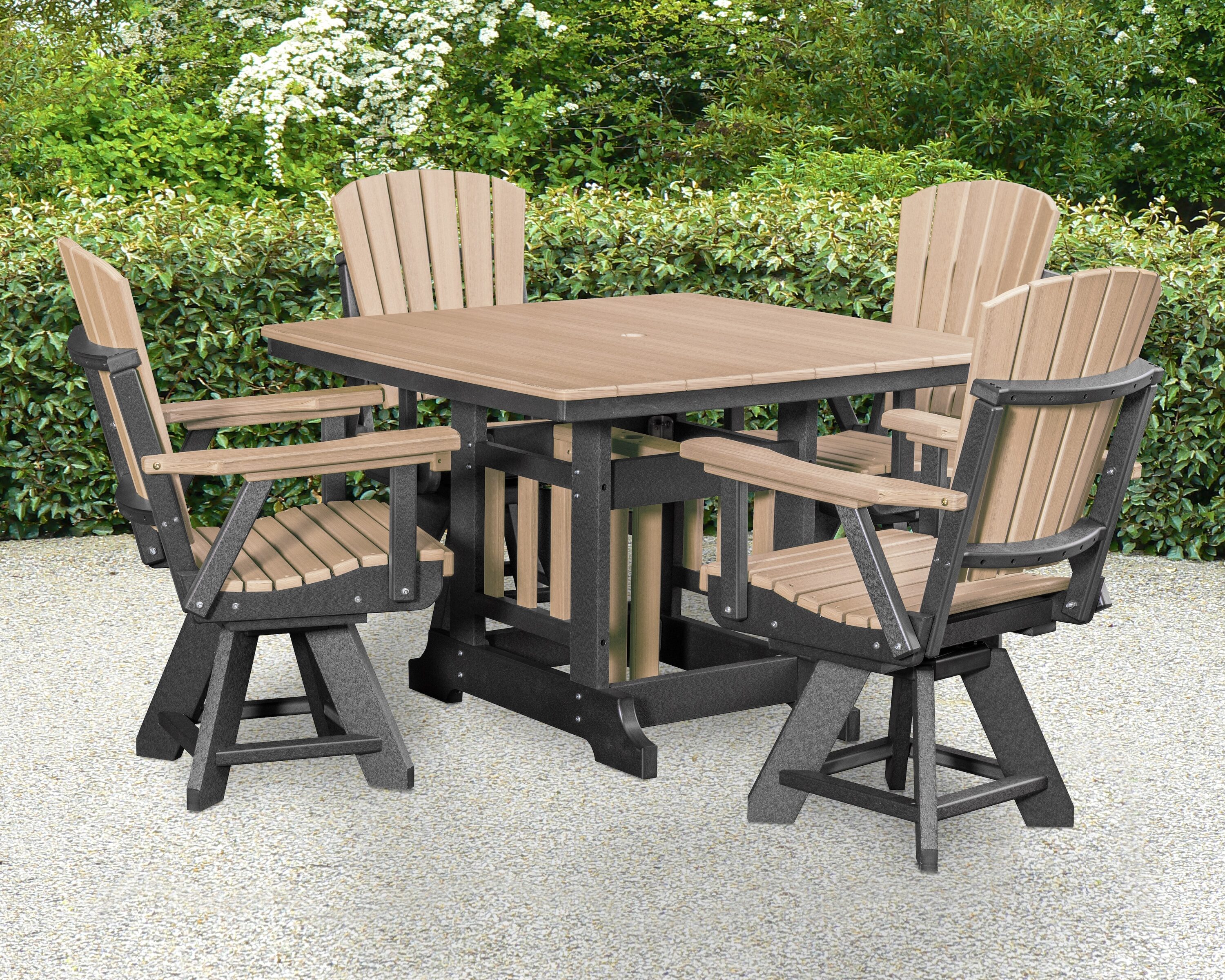 American Furniture Classics DJ130WWBK-K Adirondack 5 -Piece Black Patio Dining Set HDPE Square Table with 4 Swivel Chairs