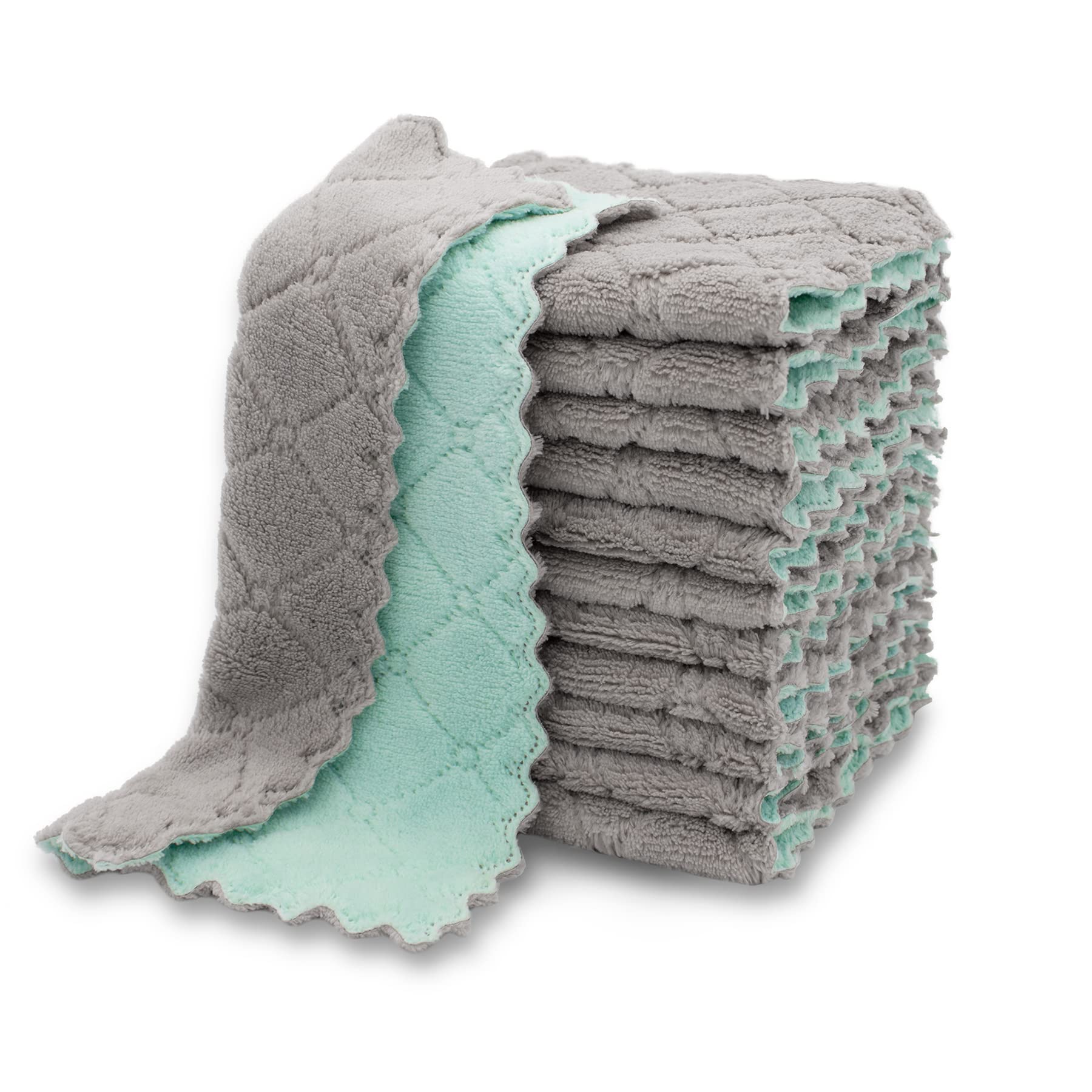 LAIFUCAM  12 pack kitchen dish towels coral velvet microfiber super absorbent fast drying lint free reusable cleaning cloths green grey for h