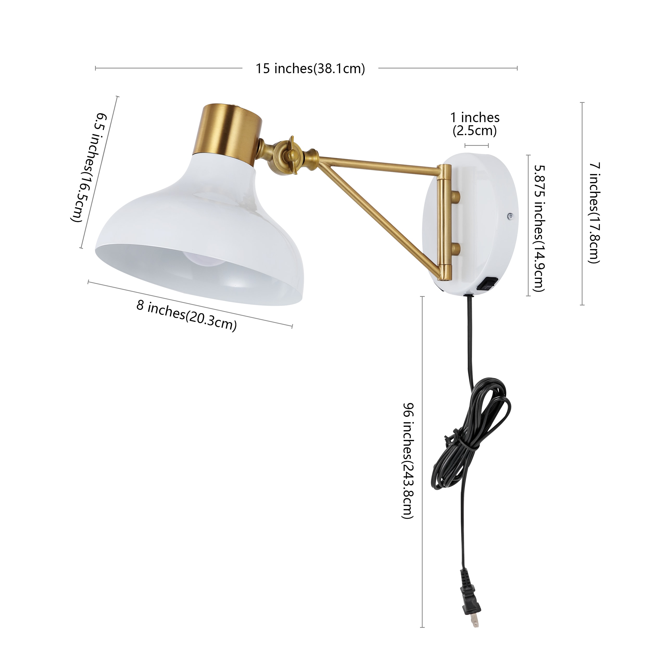 White and Brass Gold Iron Swing Arm Wall Sconce with USB Charging Port