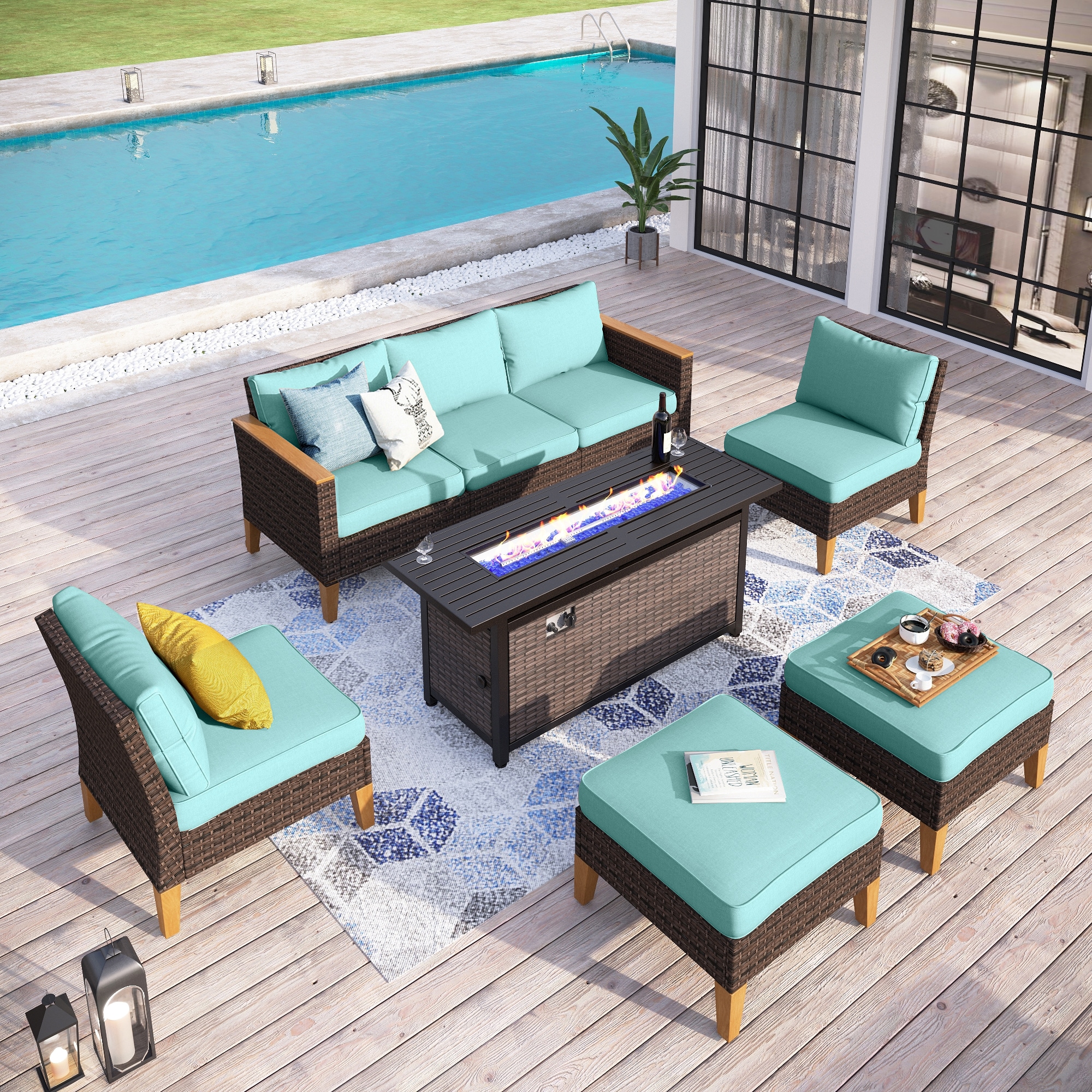 Sunshine Valley CR006-02-7-GS103-BU 8 -Piece Wicker Patio Conversation Set with Blue CUSHION PRO Cushions