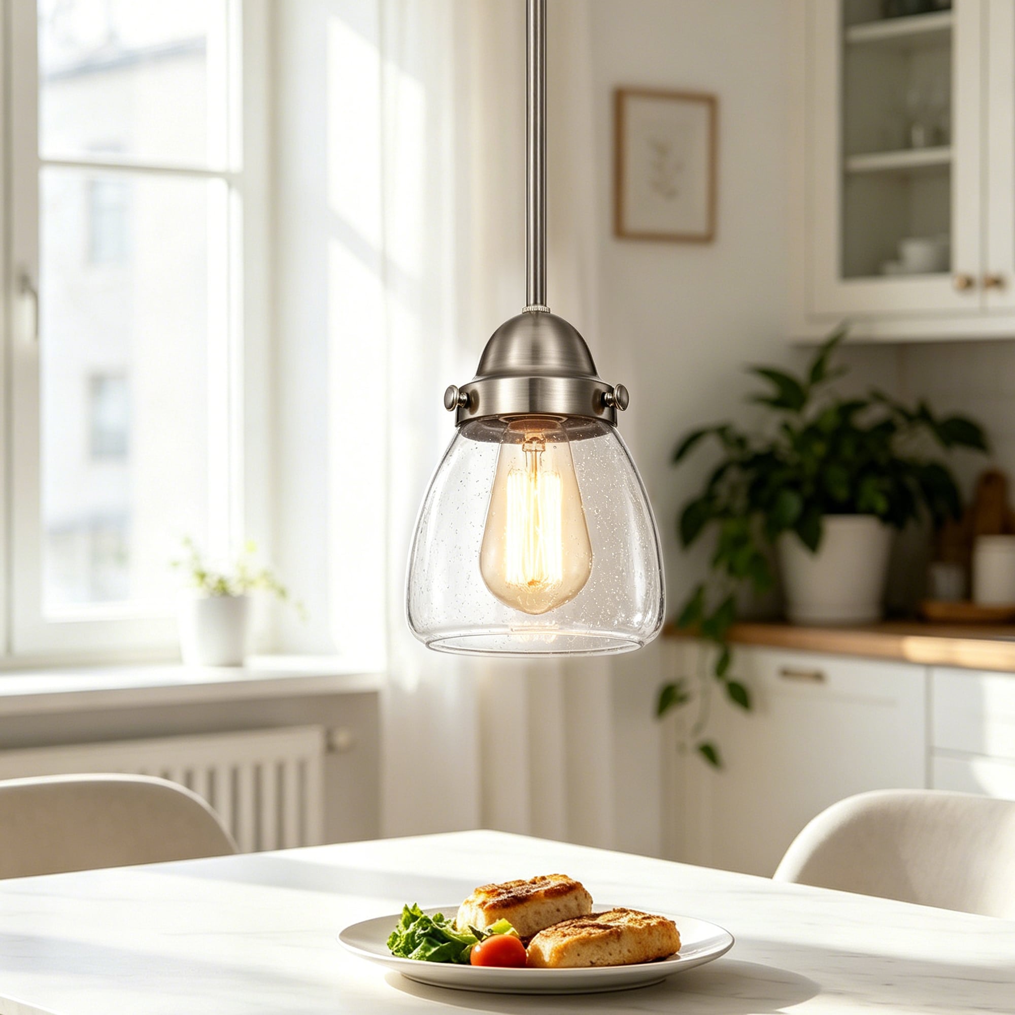 Edvivi 100-Watt 1 Light 5 in. Brushed Nickel Modern Pendant Light with Seeded Clear Glass Shade for Kitchen Island Dining Room