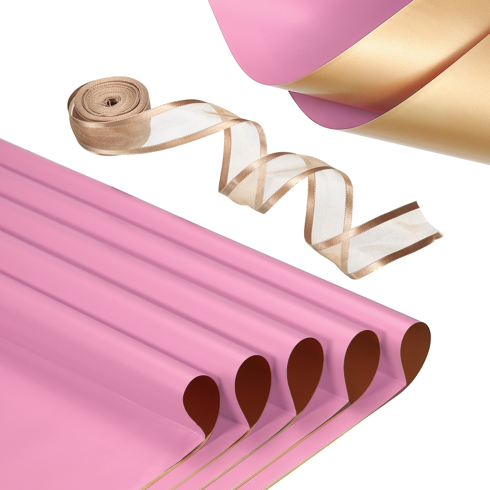 PATIKIL 20 Sheets Flower Wrapping Paper Waterproof Flower Paper Wraps with Ribbon Floral Bouquet Supplies for DIY Crafts Packaging Bouquet 22.8x22.8 Inch Rose Pink/Gold Tone #S25120203UX3544