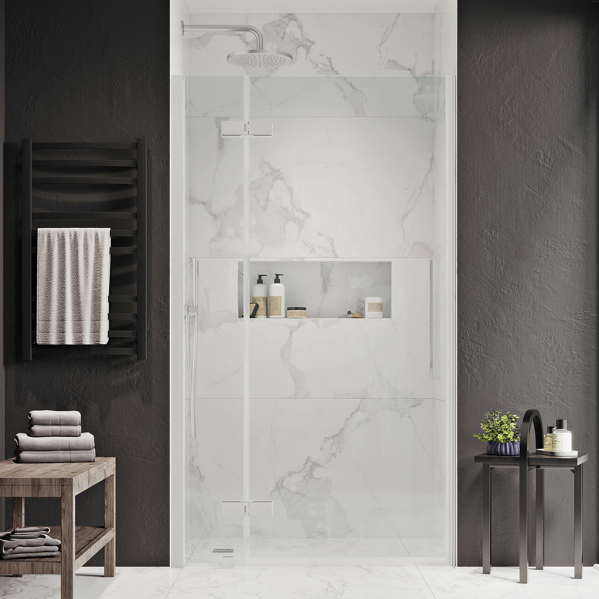 OVE Decors 828796054256 Tampa Satin nickel 35-15/16-in to 37-11/16-in W x 72-in H Frameless Pivot Shower door 5/16-in Thick Clear Glass