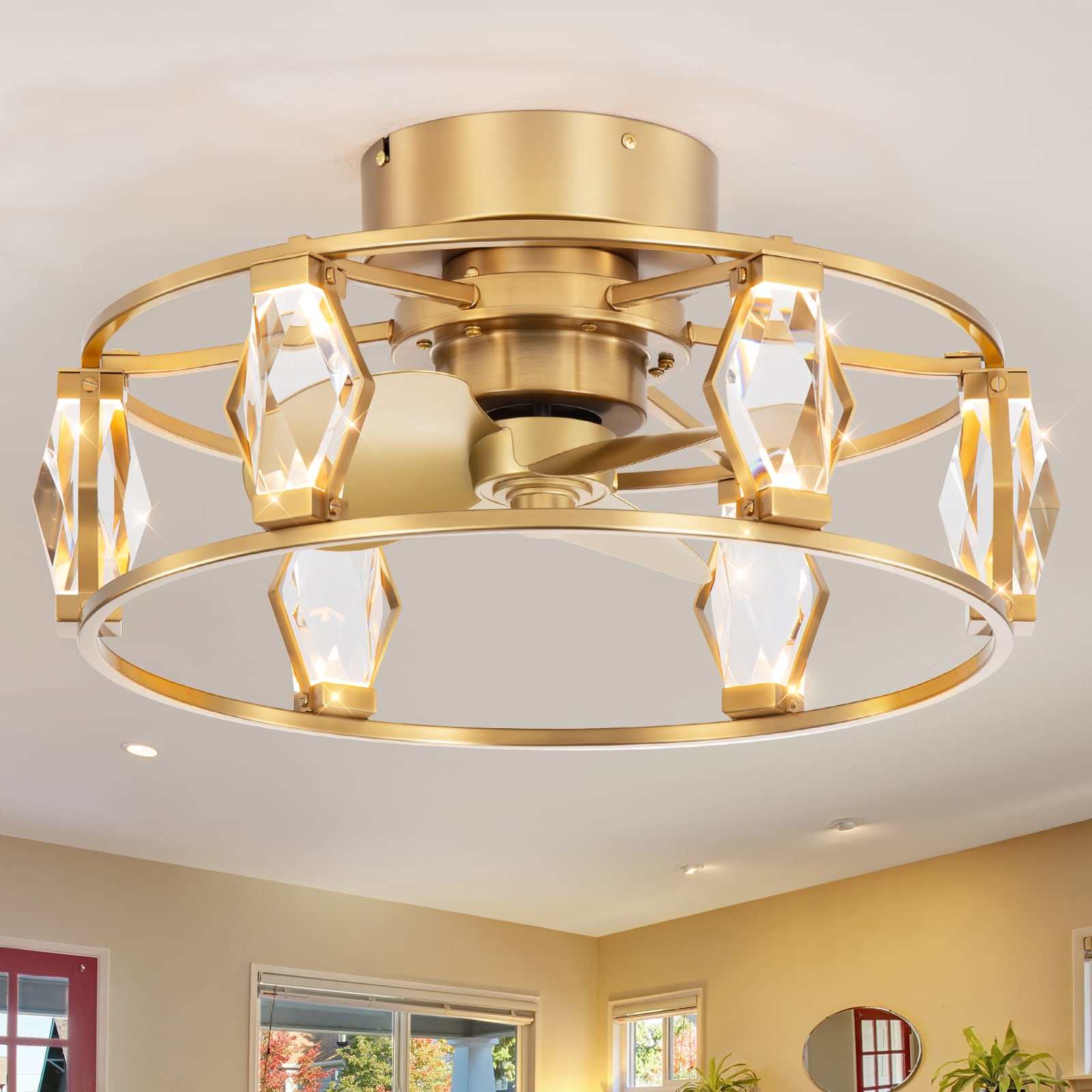 Breezary 31011-BS Crystal-Studded Cage 20-in Integrated LED Flush Mount Antique Brass with Gold-Copper Blades Cage Ceiling Fan With Light 3 -Blade )