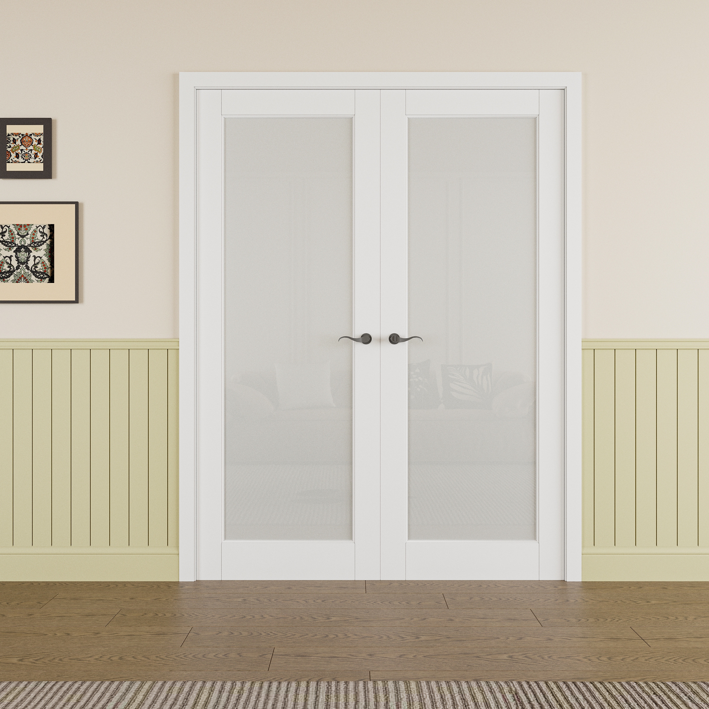 JUJUBON IN-PRE-FPR-FR-1L-56 Traditional 56-in x 80-in White MDF 1-lite Frosted glass Prehung Interior French Door (Hardware Included)