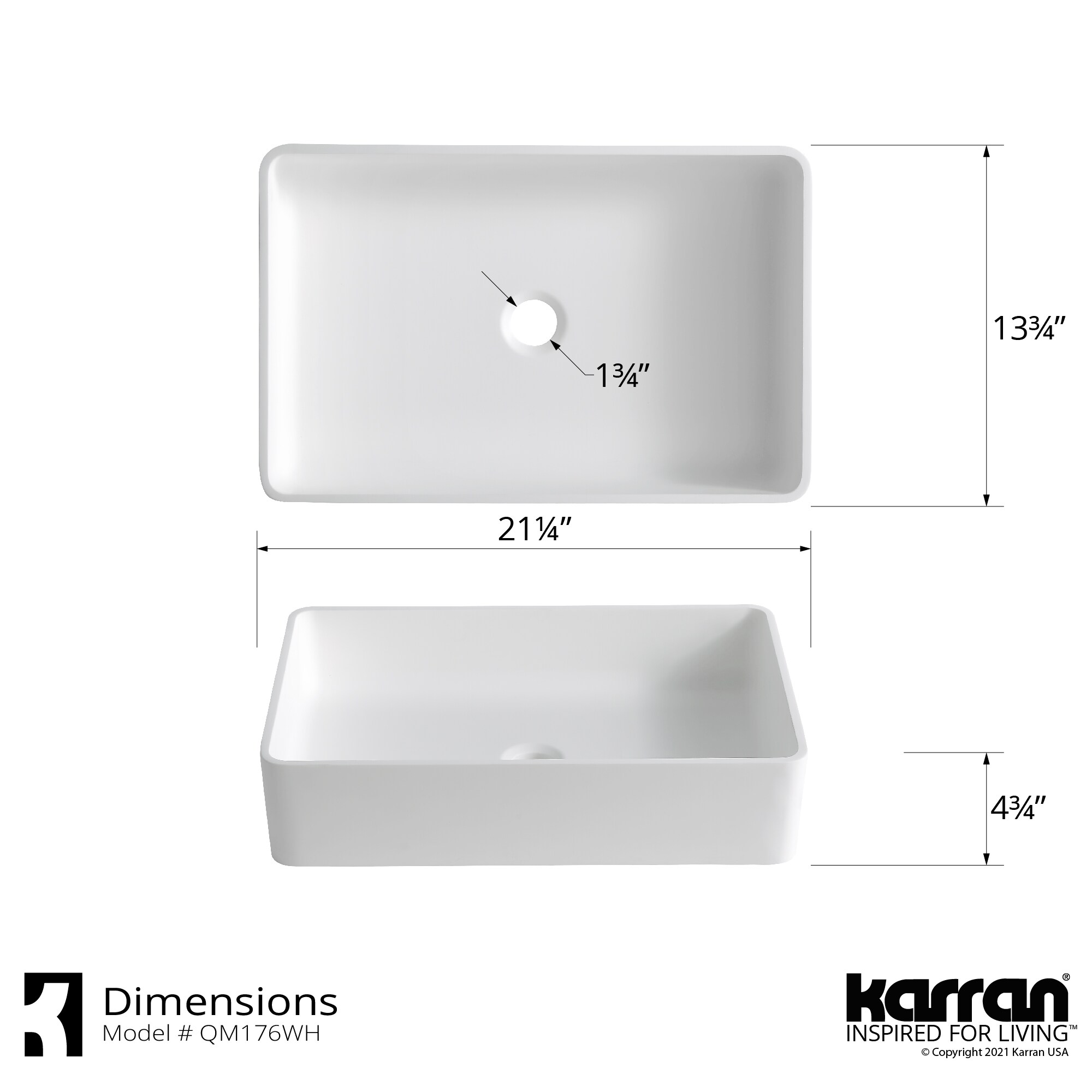 Karran Quattro Vessel Rectangular White Bathroom Sink (21.25-in x 13.75 ...