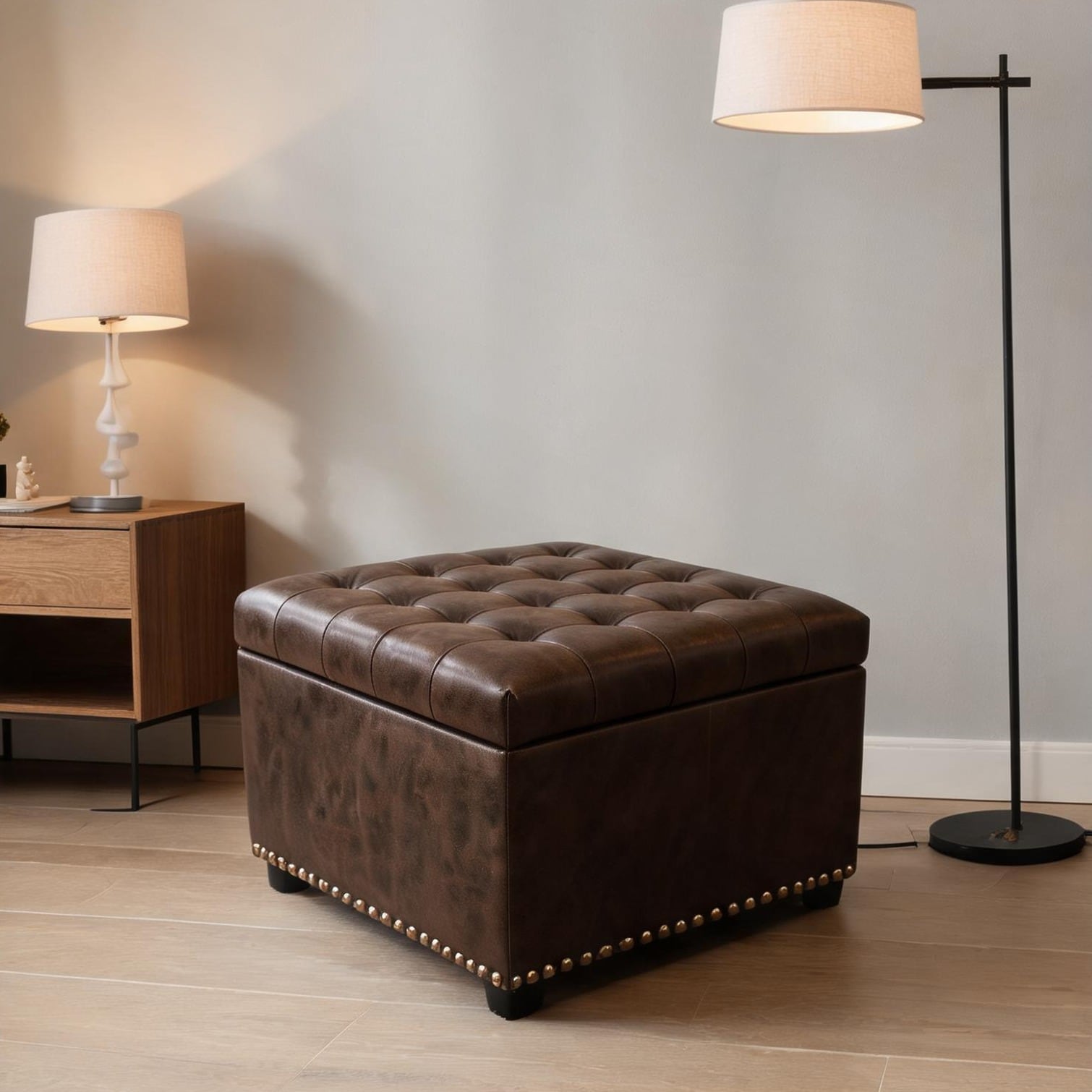 Watnature - 30-inch Round Tufted Storage Ottoman with Nailhead Trim Faux Leather Dark Brown