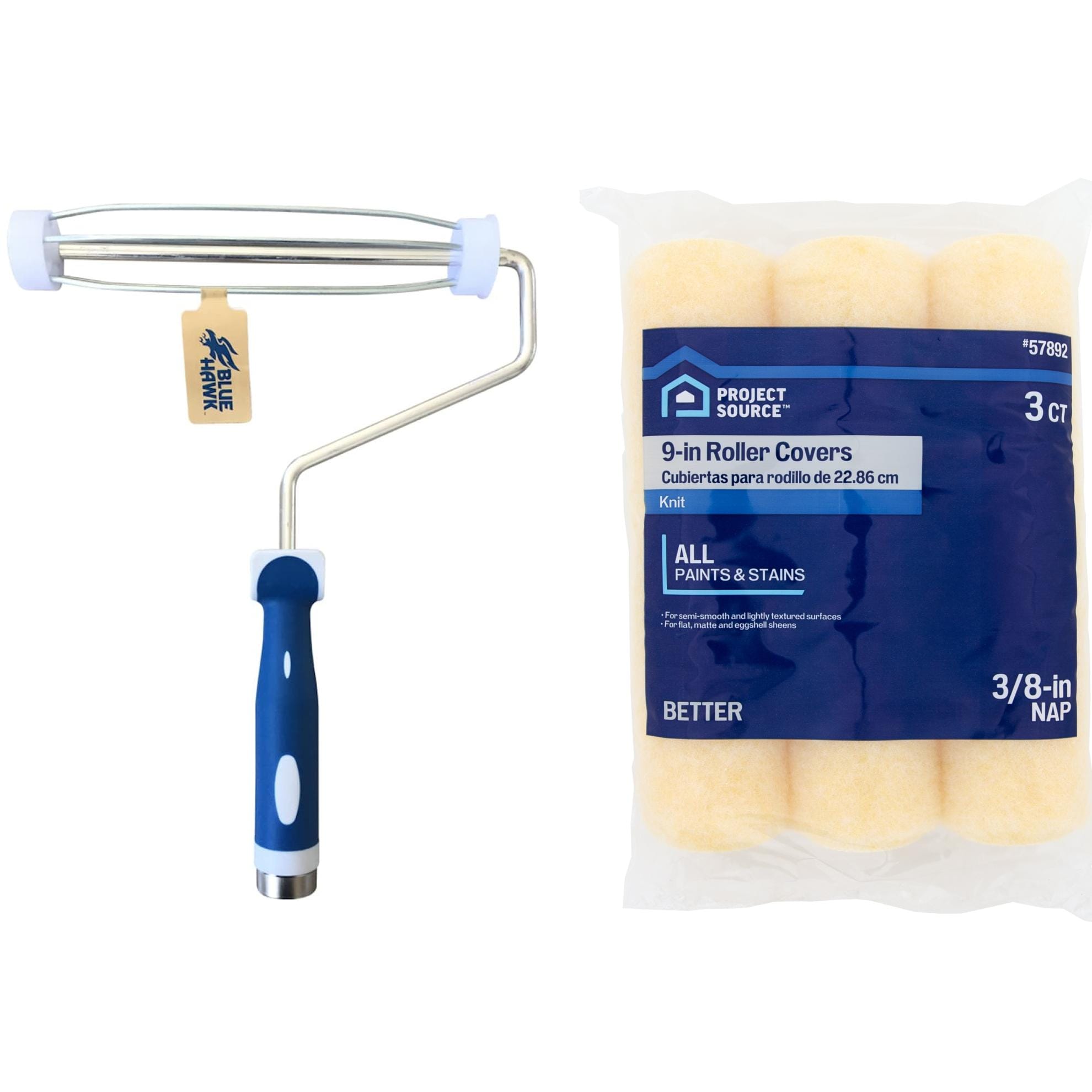 Project Source  9-in Metal Standard Paint Roller Frame with 3pk 9.0-in x 3/8-in Nap Better Semi-Smooth and Lightly Textured Surfaces Standard Knit Polyester Paint Roller Cover
