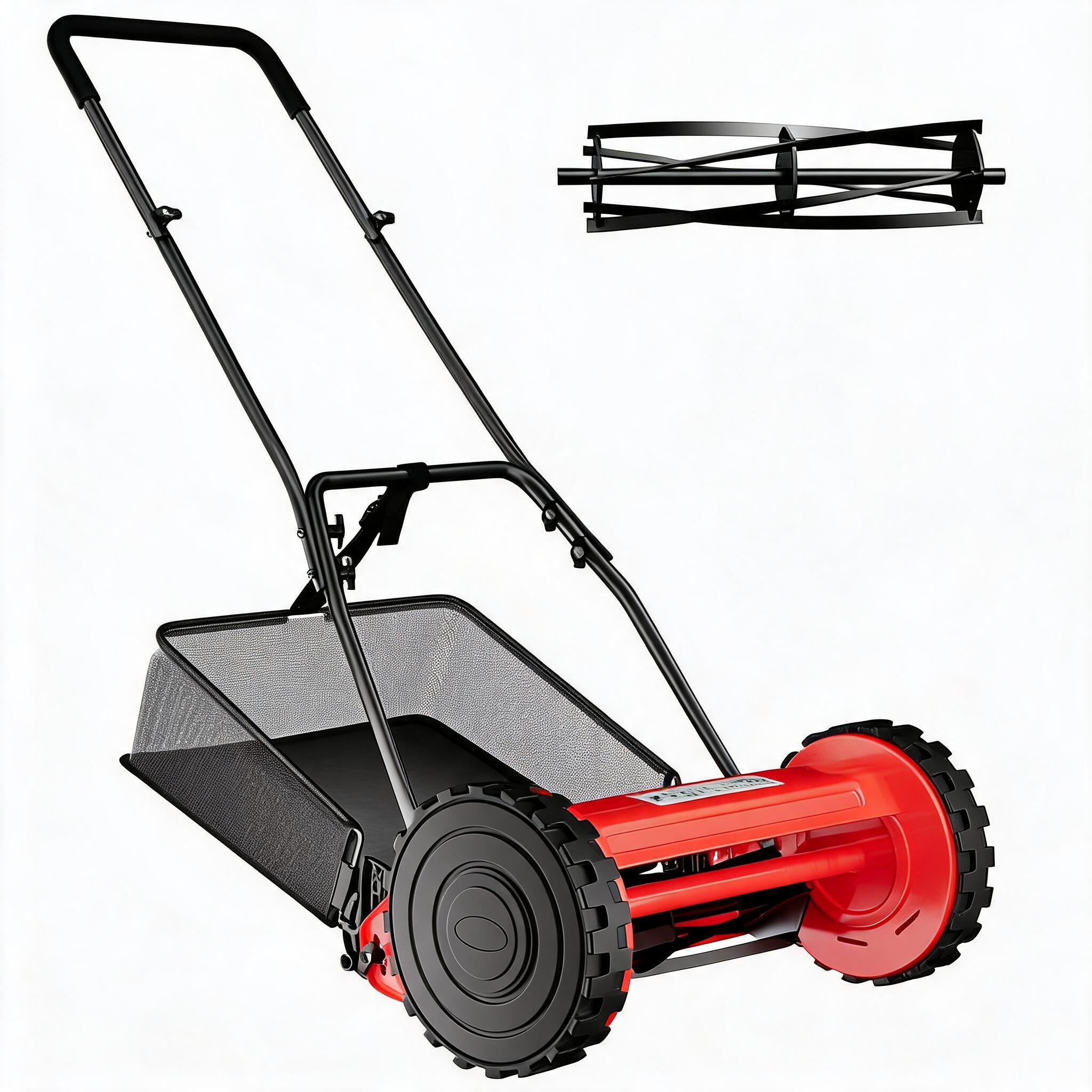 Assile Quiet and Wireless 14 Inch Manual Reel Lawn Mower 5 Blade Push Walk Behind with Adjustable Cutting Height Removable 67 Gallon Grass Catcher Steel Frame Comfort Grip Handle Ideal for Home Lawns 14 Inch Red