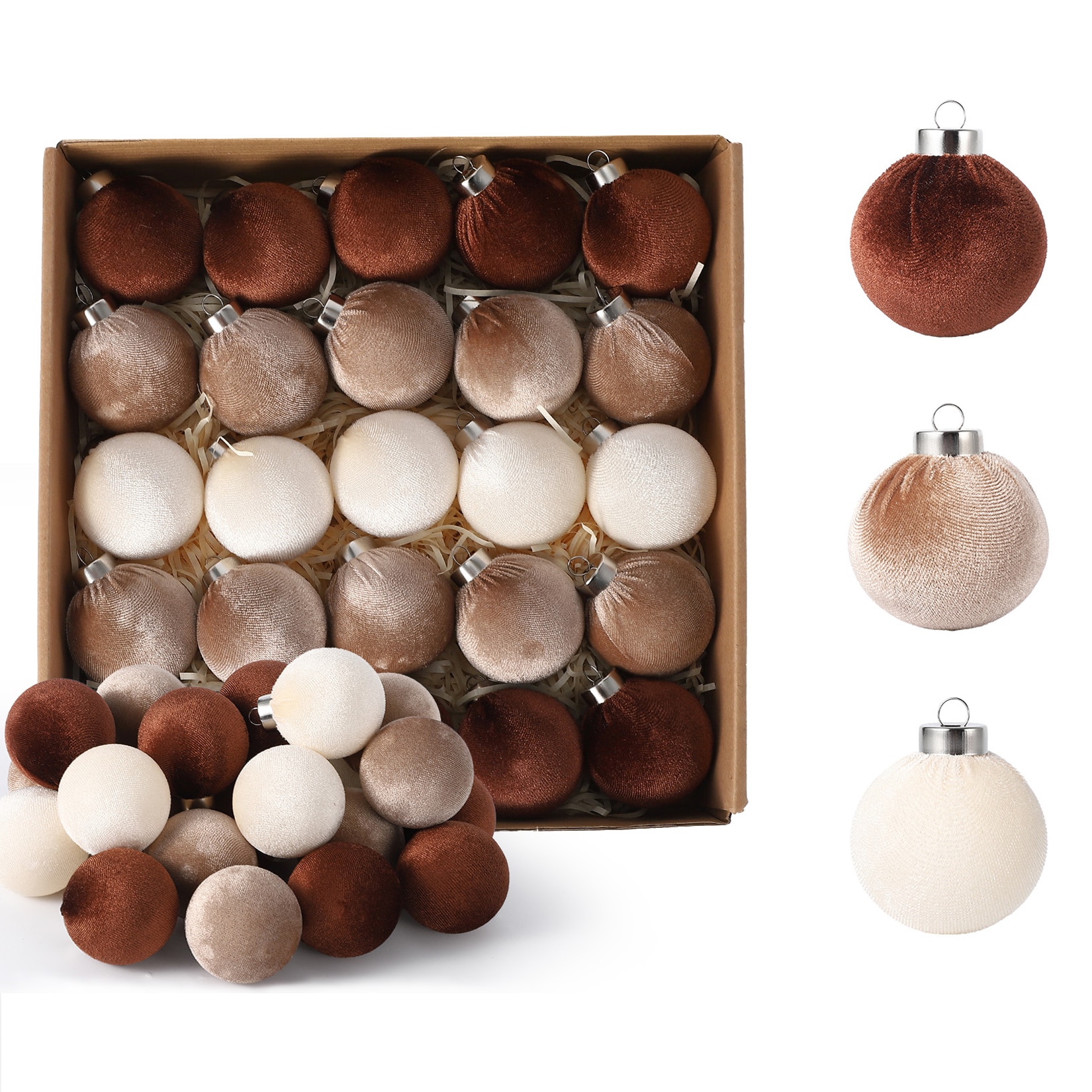Aoile 25PCS Velvet Christmas Ornaments 2.36 Inch Luxury Christmas Tree Decorations Set Durable Shatterproof Hanging Balls for Holiday Home Party DIY Decor - Brown