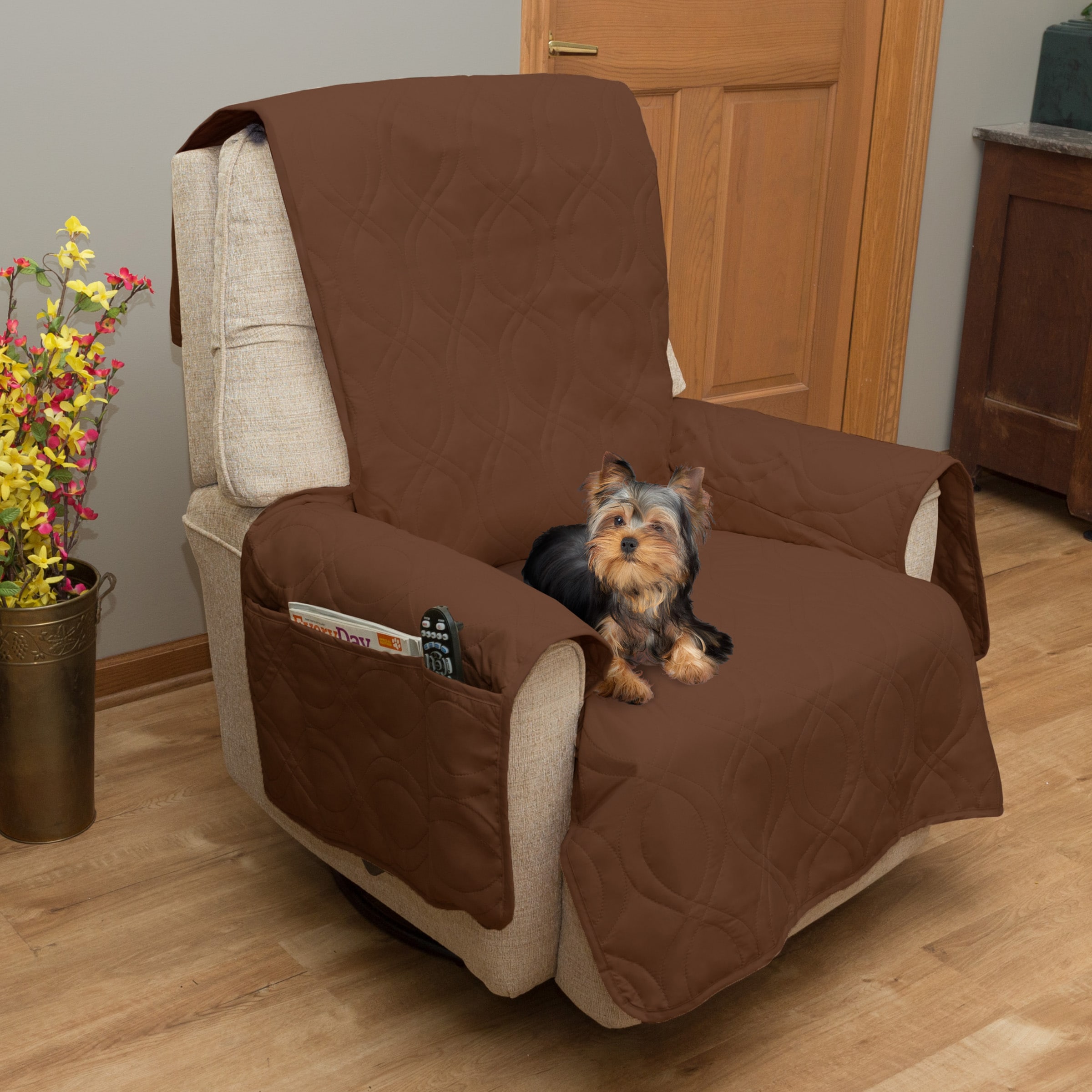 Brown Quilted Waterproof Chair Cover with Storage Pockets