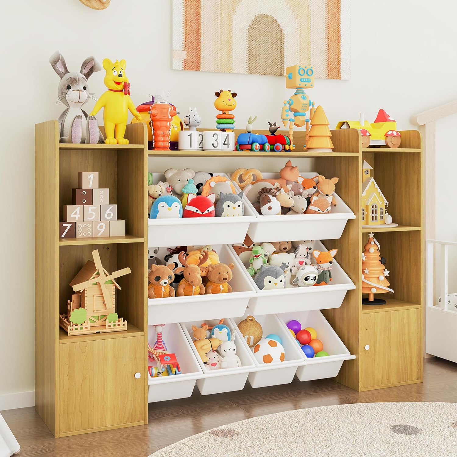 Garvee Kids Toy Storage Organizer with 8 Removable Toy Bins 4 Tier Toy Organizers Kid Bookshelf and Toy Storage for Study Room Bedroom Kids Room Classroom Nursery