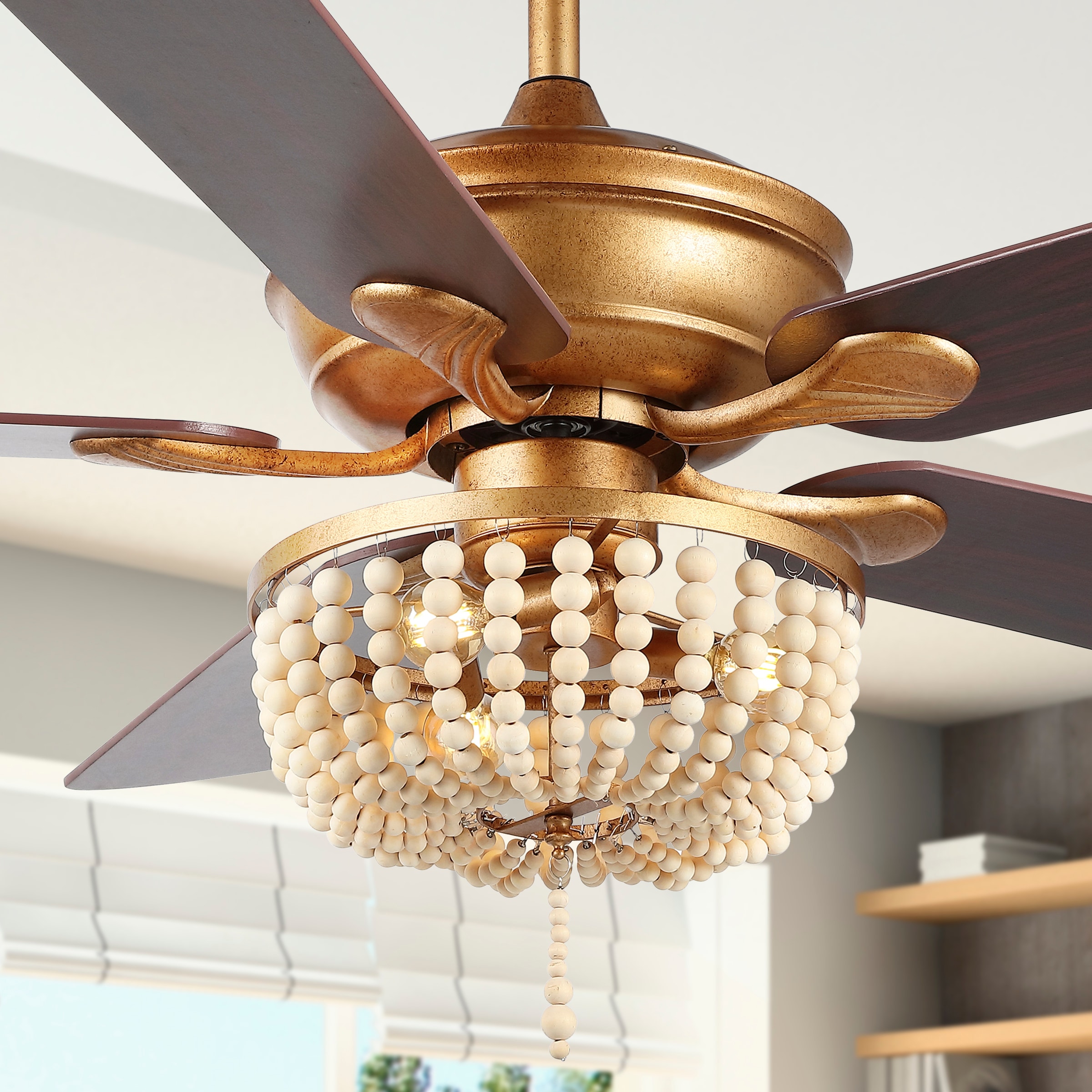 JONATHAN Y Erin Industrial Rustic 52-in Antique Gold Painting/Light Brown  Indoor Downrod or Flush Mount Smart Chandelier Ceiling Fan with Light and  Remote (5-Blade) in the Ceiling Fans department at