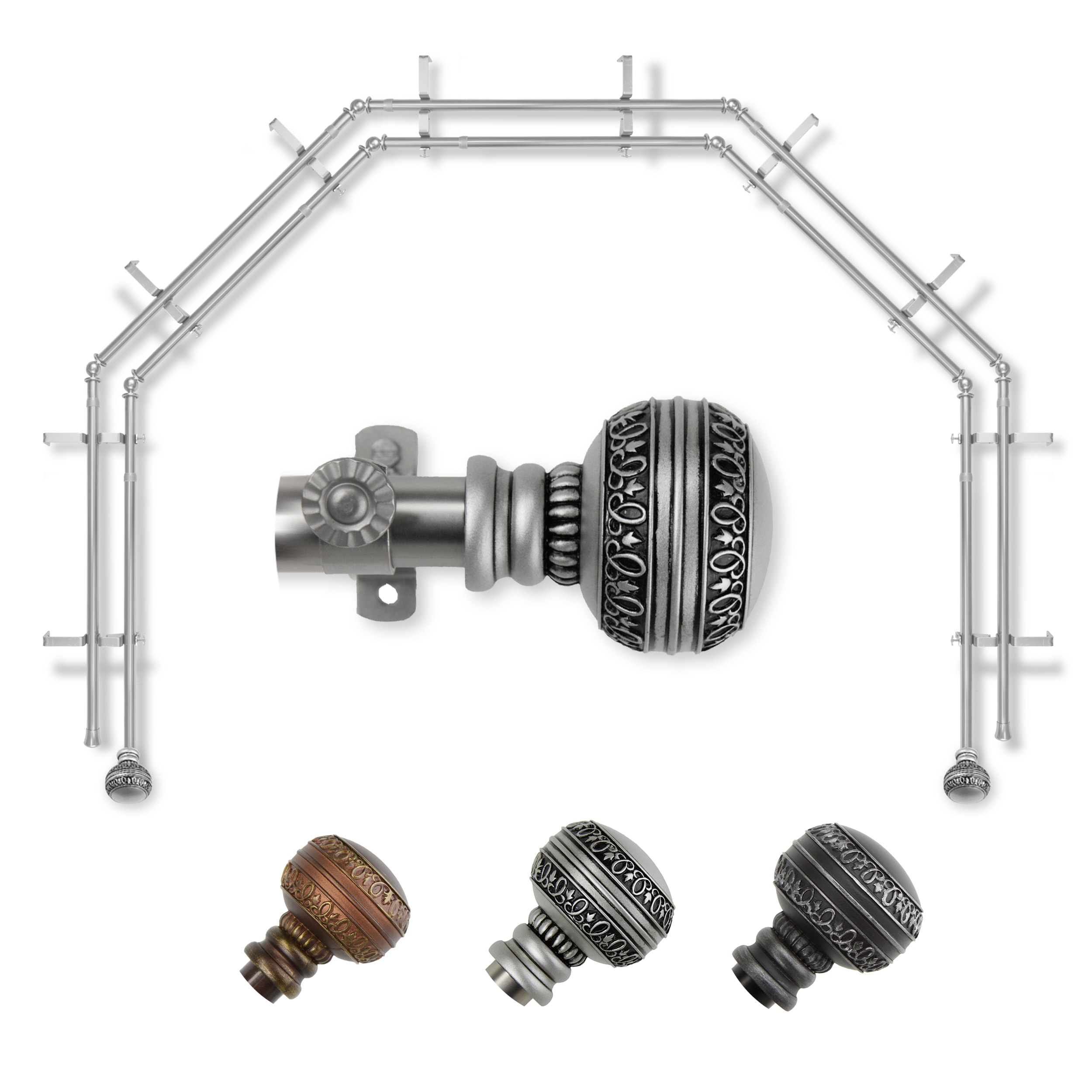 Hart & Harlow L-5BAY-02-5D Faith 5-Sided Double Bay Satin nickel Steel Bay window curtain rod with Finials