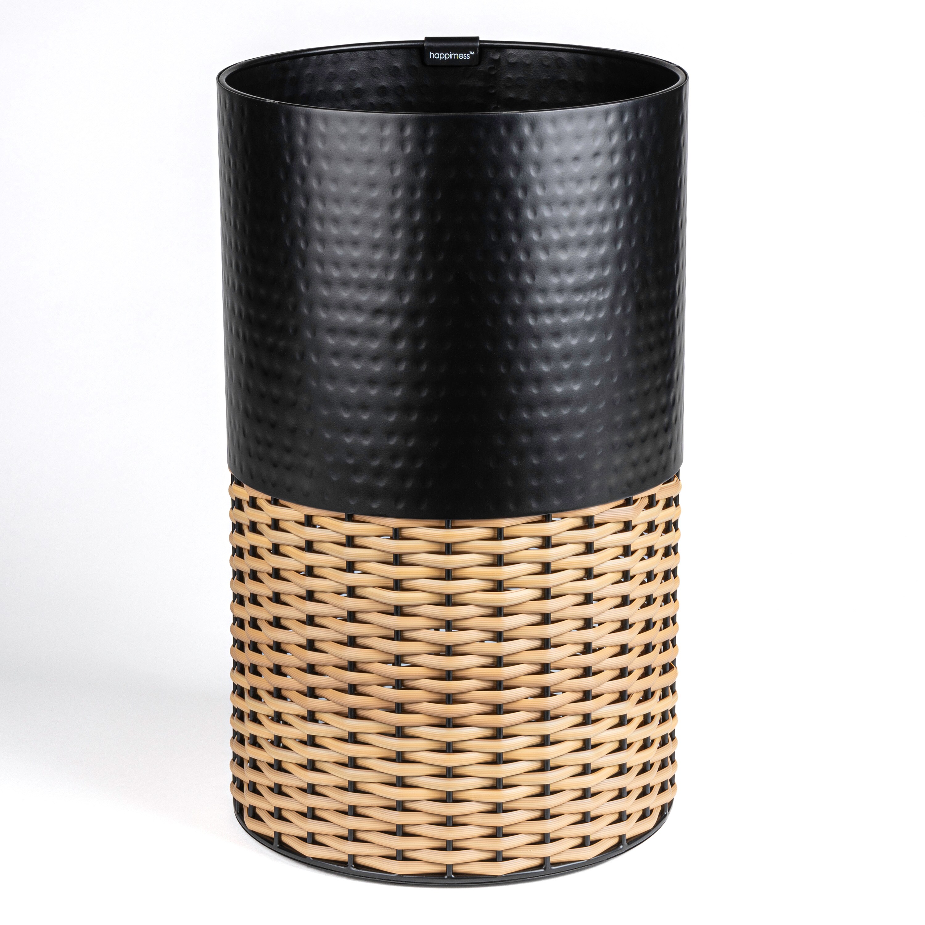 happimess HPM1102C Asher 2-Tone Faux Wicker/Metal Cylinder Black/Natural Metal Wastebasket
