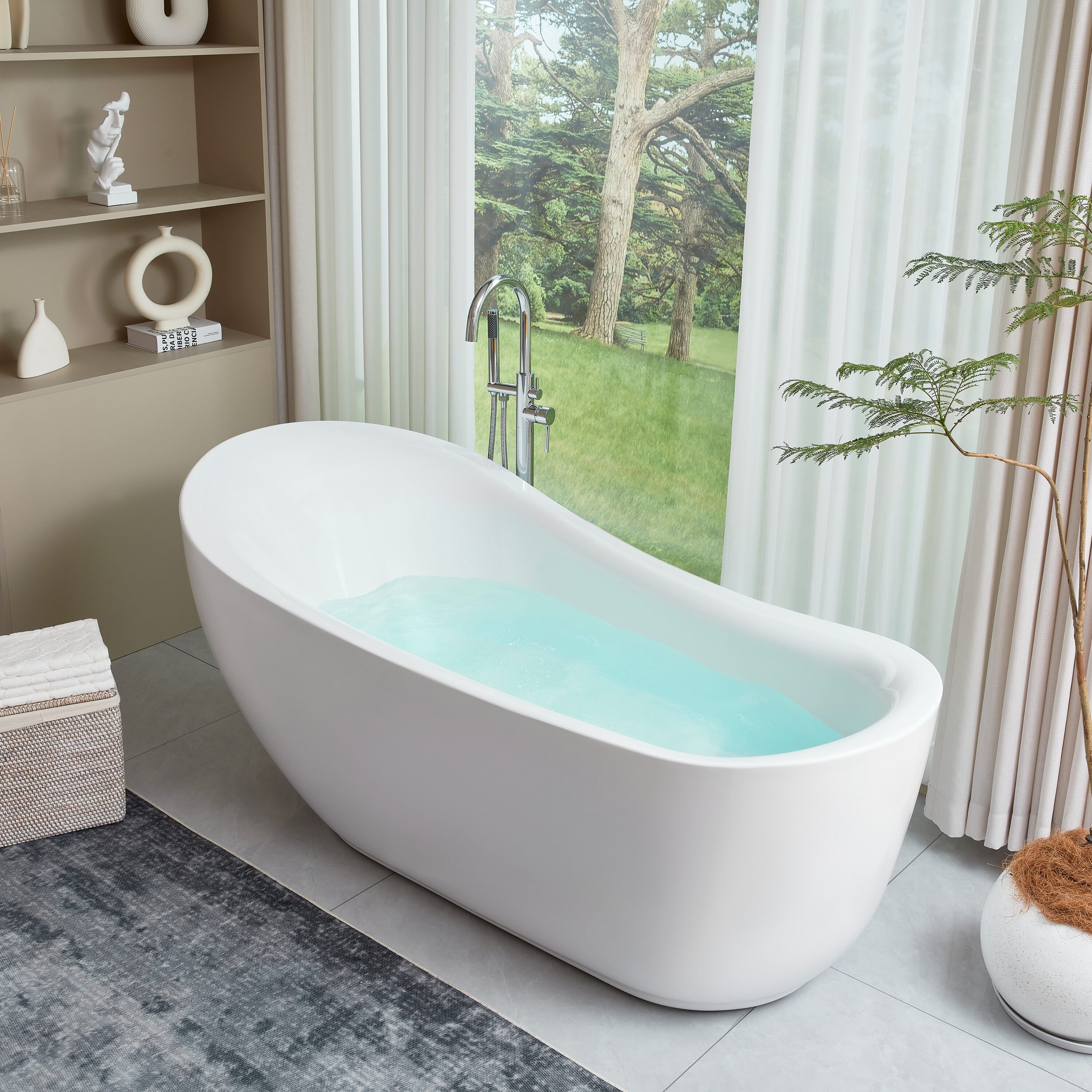 71'' White Acrylic Freestanding Soaking Bathtub with Chrome Drain