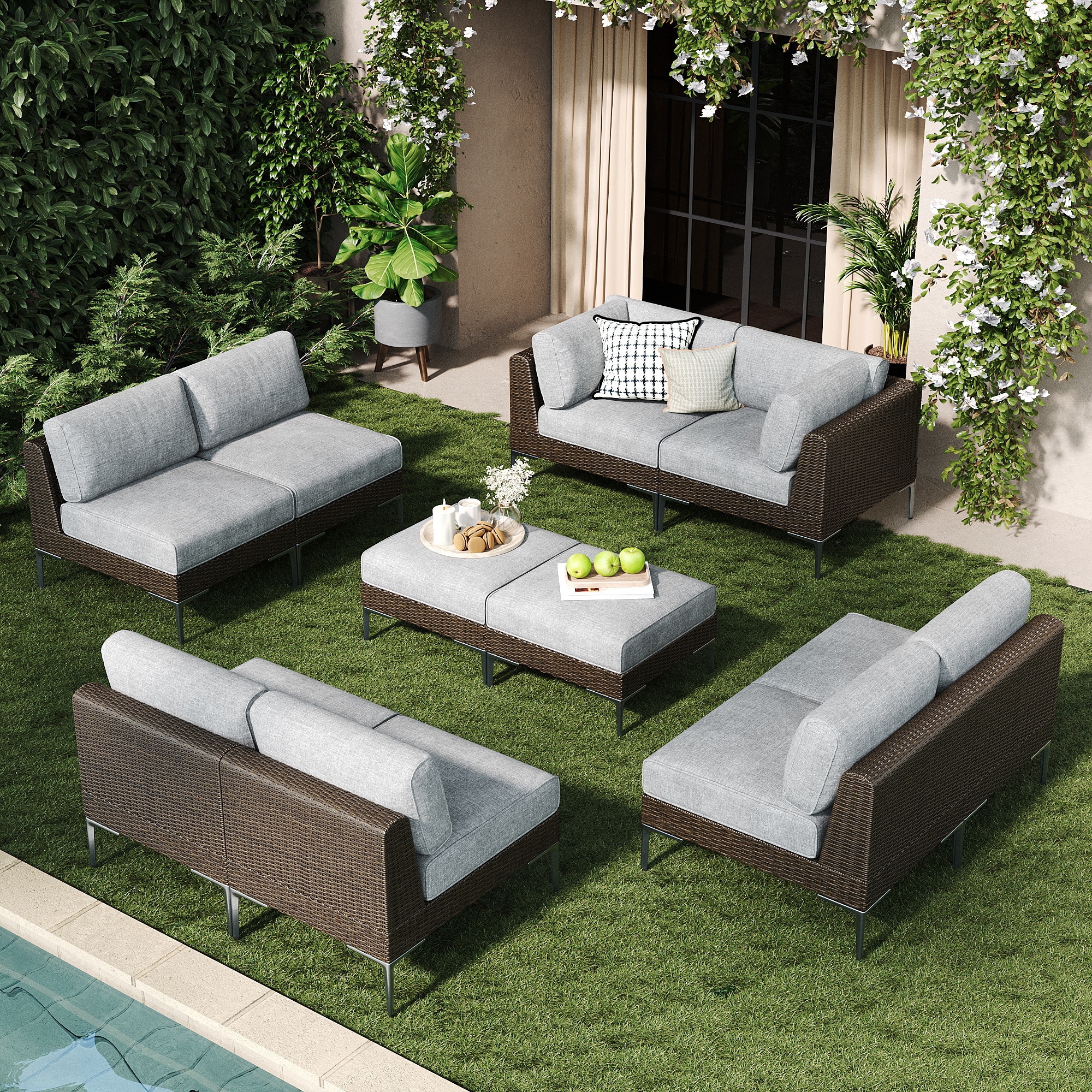  10-Piece Wicker Rattan Patio Sofa Sectional Conversation Set with Gray 6-inch Cushions