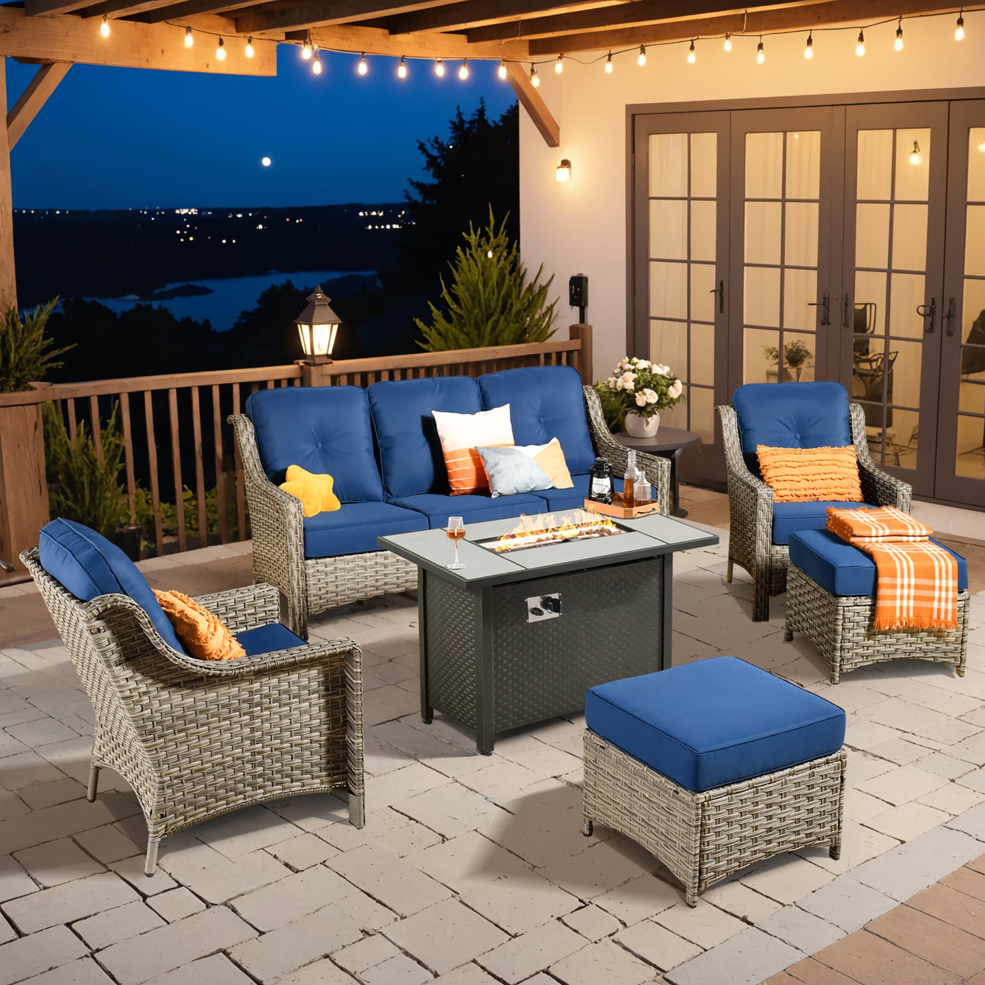 Ovios RFP03PD705 6 -Piece Rattan Patio Sofa Conversation Set with Navy Cushions