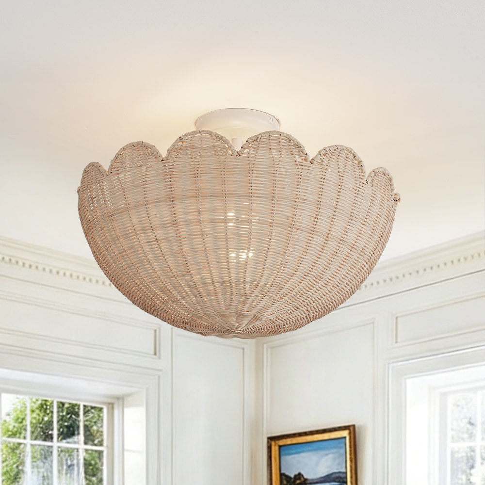 Wonderindoor 17.72-in Matte White Indoor 2 -Light LED Flush Mount Light with Fabric Shade