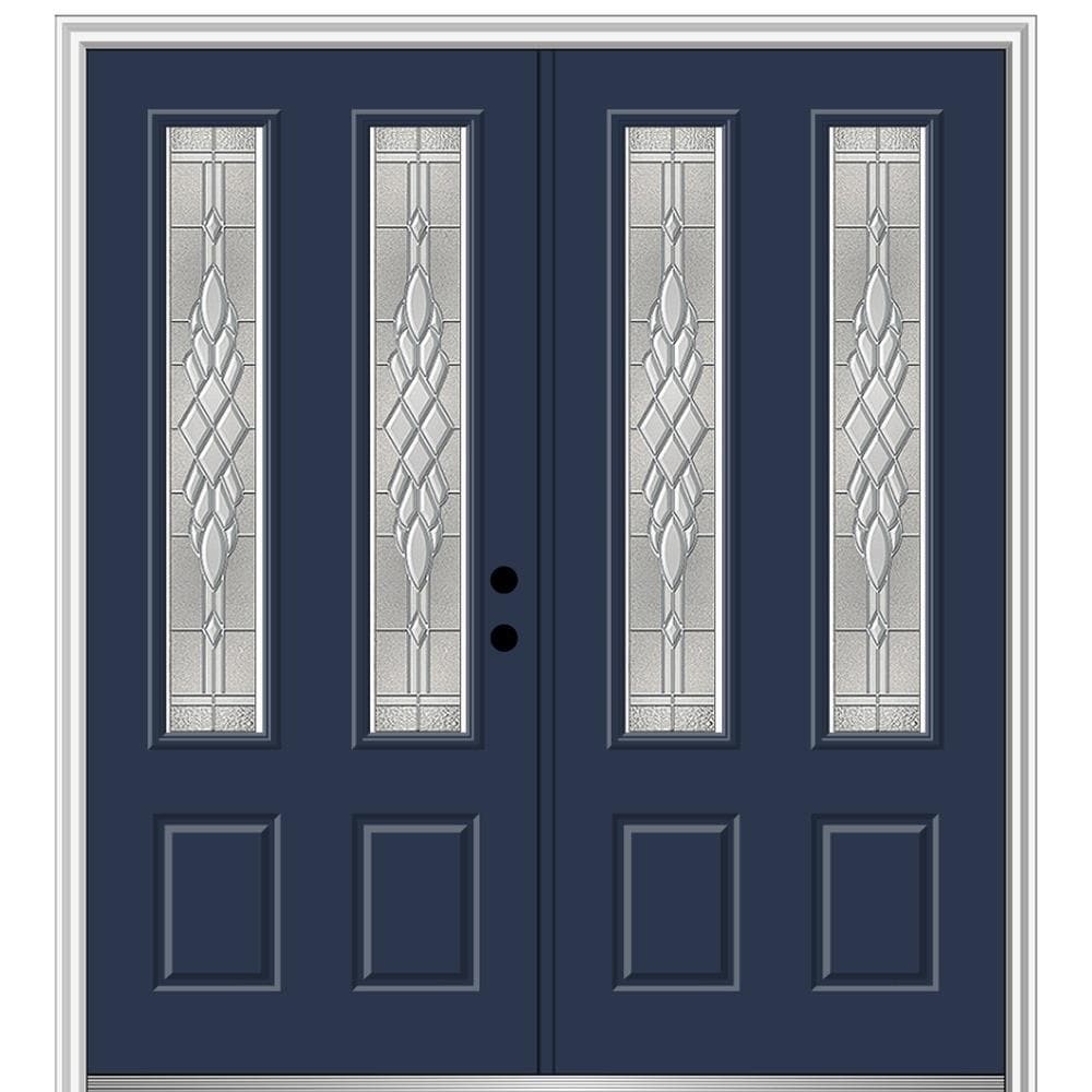 MMI DOOR 68-in x 80-in Low-e Grilles Between The Glass Primed Fiberglass  Center-hinged Right-Hand Inswing Double Patio Door Brickmould Included in  the Patio Doors department at