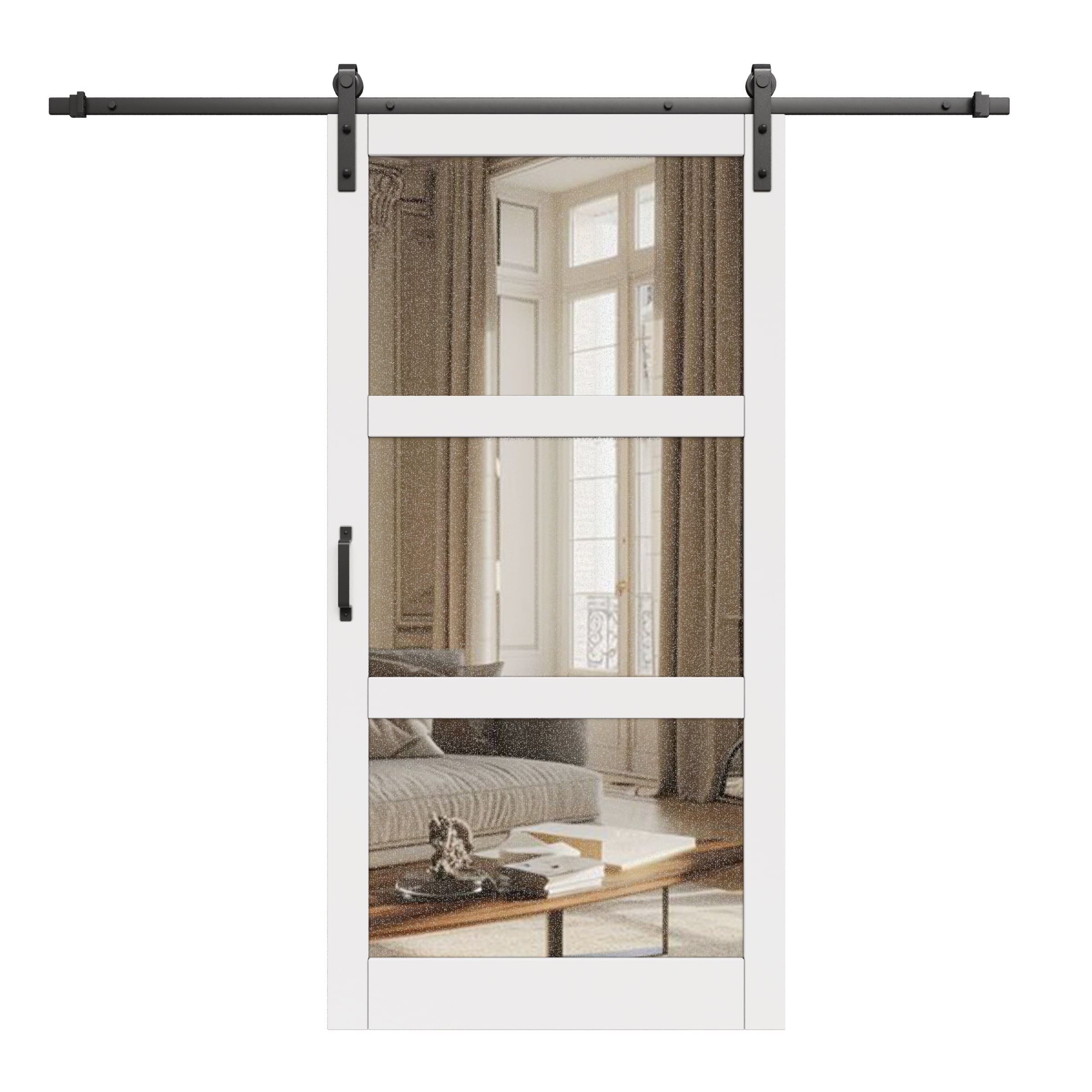 JUJUBON IN-BDM3-42 42-in x 84-in White Mirror/Panel Mirrored glass MDF Solid core Single Barn Door (Hardware Included)