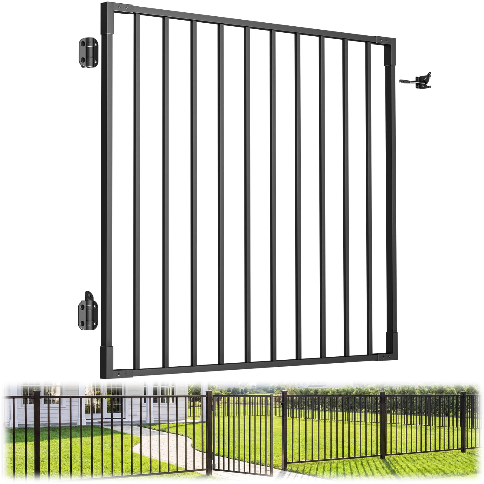 JVFCXXV  Aluminum Fence Gate Four ft H by Four ft W Rustproof Black Textured Powder Coat Finish Cuttable Gate Kit with Latch and Auto Closing
