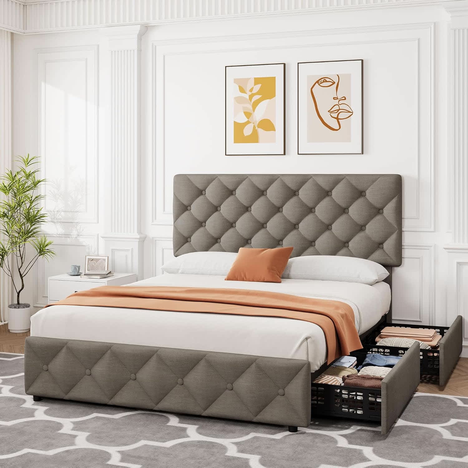 Qeetex LHF-BED-PHO-0ZIE3SAO King Size Bed Frame with 4 Storage Drawers and Adjustable Headboard Linen Upholstered Platform Bed Frame Diamond Stitched Button Tufted No Box Spring Needed Light Grey