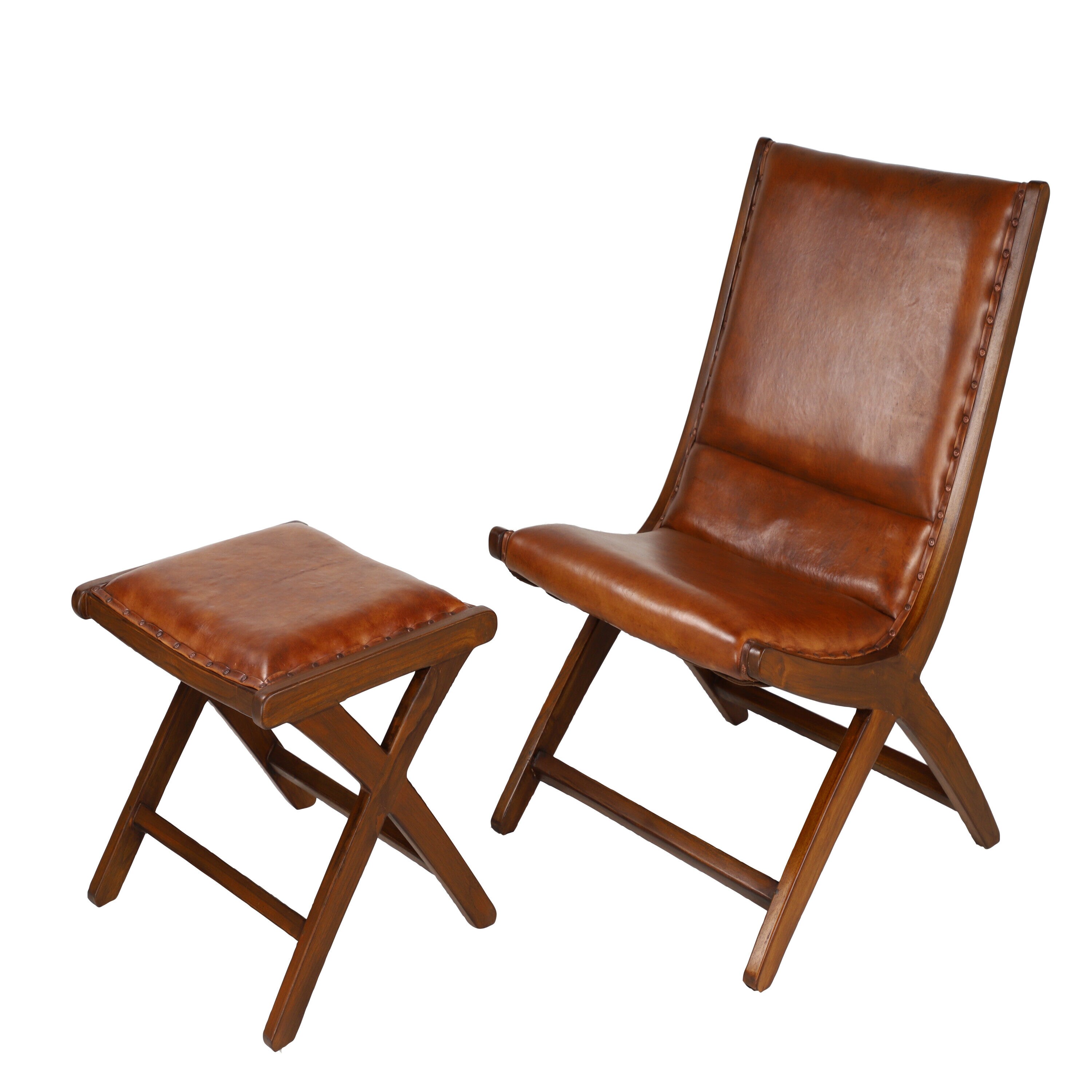Set of 2 Brown Teak Wood Leather Accent Chairs with Ottoman