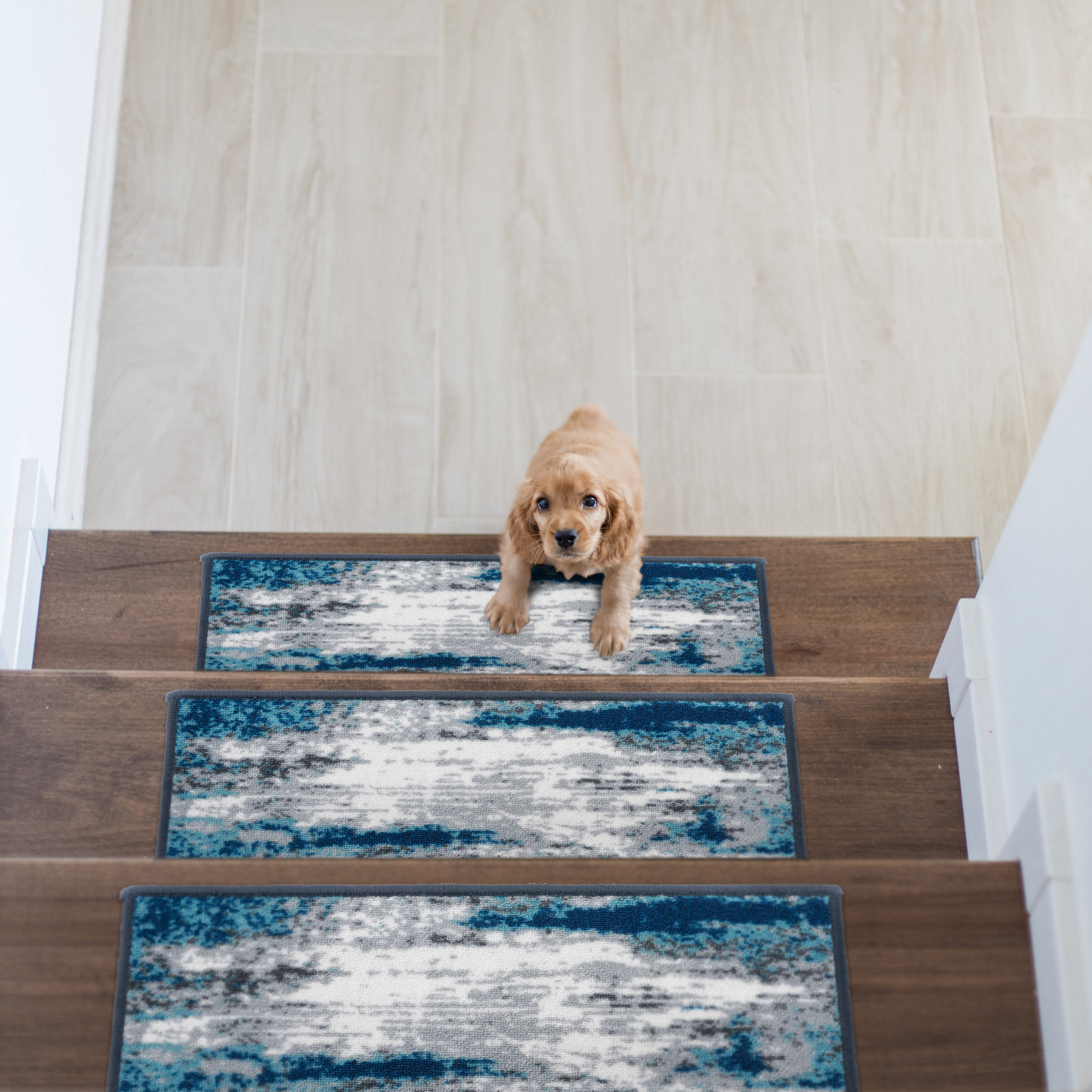 Blue and Gray Abstract Non-Slip Stair Treads Set of 4